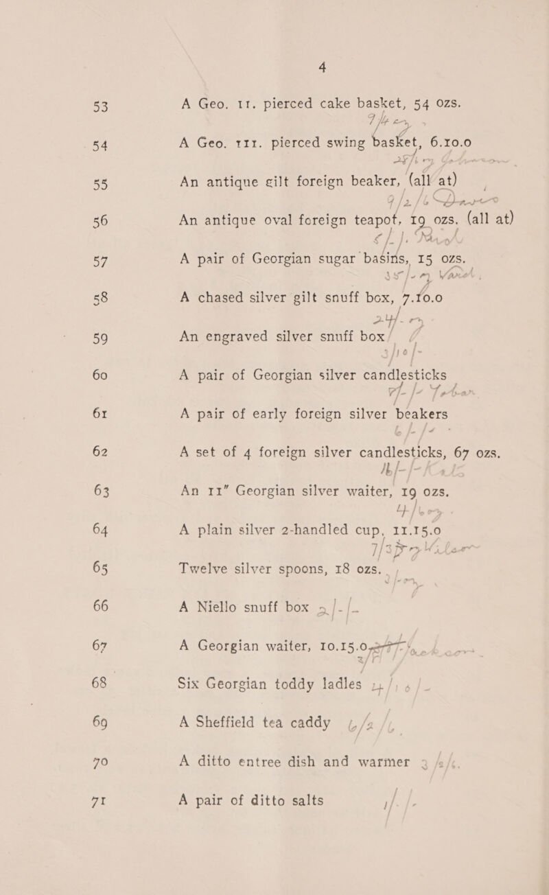 33 54 4 A Geo. 11. pierced cake basket, 54 OZs. F Mbp c-1, A Geo, 111. pierced swing basket, 6.10.0 An antique gilt foreign beaker, (ai at 4 / 2 6S nays An antique oval foreign teapot, re OZs. , (all at) A pair of Georgian yh oe 15 ozs, 4 On a lo &amp;&amp; / AM , A chased silver gilt snuff box, 7. 10.0 244. « An engraved silver snuff box 7 } j } Qo y~ A pair of Georgian silver candlesticks . Y) - /- ye i a, A pair of early foreign silver beakers &lt; A set of 4 foreign silver candlesticks, 67 ozs. Mb /- An 11” Georgian silver waiter, IQ OZS. f) lt = A plain silver 2-handled cup, 11.15. 0 pag, LY; ! et Twelve silver spoons, 18 ozs._ , . A Niello snuff box 5 |. /_ A Georgian waiter, T0.15.0,24 7-1, Six Georgian toddy ladles Ly | A Sheffield tea caddy /, /2 A ditto entree dish and warmer - A pair of ditto salts in