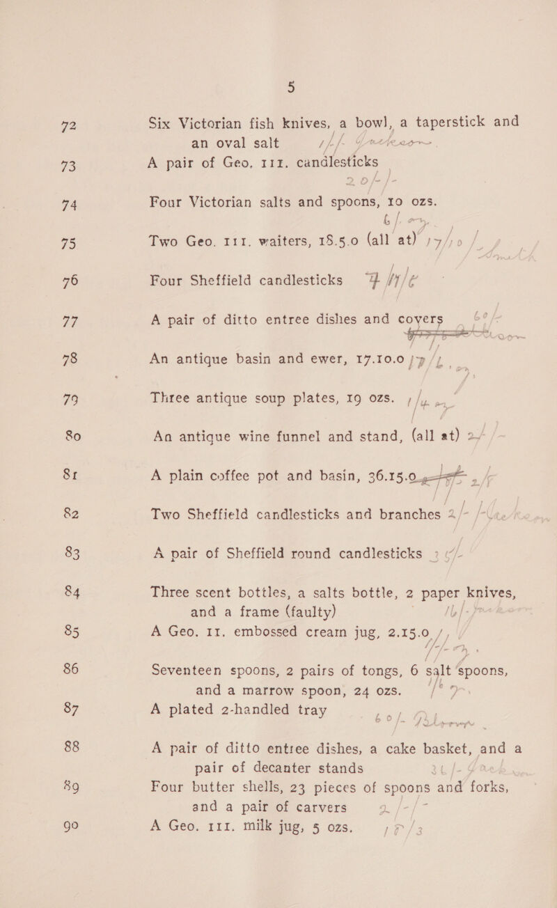 72 is 5 / an oval salt I pf Y*R20~ A pair of Geo. 112. candles sticks | Four Victorian salts and spoons, 10 ozs. ( / - , . Two Geo. 111. waiters, 18.5.0 (all at) »7/)» Four Sheffield candlesticks 4 Wy ie A pair of ditto entree dishes and covers  An antique basin and ewer, 17.10.0 j~» Three antique soup plates, 19 ozs. / ‘ | bf oa / An antique wine funnel and stand, (all at) 2  A plain coffee pot and basin, 36.15.0_¢- - Two Sheffield candlesticks and branches 2/- A pair of Sheffield round candlesticks 2 and a frame pnity) A Geo. 11. embossed cream jug, 2.15.0, fps 1G hs /[ and a marrow spoon, 24 ozs. f cB ok A plated 2-handled tray eo pair of decanter stands , Four butter shells, 23 pieces of ag ata ere and a pair of carvers : fu