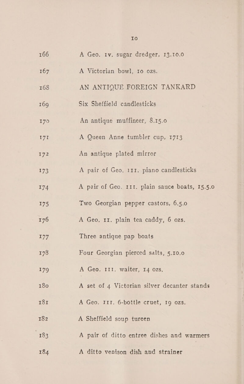 175 177 178 179 180 181 182 183 184 10 A Geo. ly. sugar dredger, 13.10.0 A Victorian bowl, Io ozs. AN ANTIQUE FOREIGN TANKARD Six Sheffield candlesticks An antique muffineer, 8.15.0 A Queen Anne tumbler cup, 1713 An antique plated mirror A pair of Geo. 111. piano candlesticks A pair of Geo, 111. plain sauce boats, 15.5.0 Two Georgian pepper castors, 6.5.0 A Geo. 11. plain tea caddy, 6 ozs. Three antique pap boats Four Georgian pierced salts, 5.10.0 A Geo. 111. waiter, I4 ozs. A set of 4 Victorian silver decanter stands A Geo. 111. 6-bottle cruet, 19 ozs. A Sheffield soup tureen A pair of ditto entree dishes and warmers A ditto venison dish and strainer