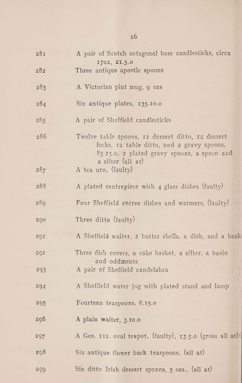281 282 283 284 285 286 16 A pair of Scotch octagonal base candlesticks, circa 1702, 21.5.0 Three antique apostle spoons A Victorian pint mug, 9 ozs Six antique plates, 135.10.0 A pair of Sheffield candlesticks Twelve table spoons, 12 dessert ditto, 12 dessert forks, 12 table ditto, and 2 gravy spcons, 85.15.0, 2 plated gravy spoons, a spoon and a sifter (all at) A tea urn, (faulty) A plated centrepiece with 4 glass dishes (faulty) Four Sheffield entree dishes and warmers, (faulty) Three ditto (faulty) A Sheffield waiter, 2 butter shells, a dish, and a beak Three dish covers, a cake basket, a sifter, a basin and oddments | A pair of Sheffield candelabra A Sheffield water jug with plated stand and lamp Fourteen teaspoons, 6.15.0 A plain waiter, 3.10.0 A Geo. 111. oval teapot, (faulty), 13.5.0 (gross all at)’ Six antique flower back teaspoons, (all at) Six ditto Irish dessert spoons, § ozs., (all at)