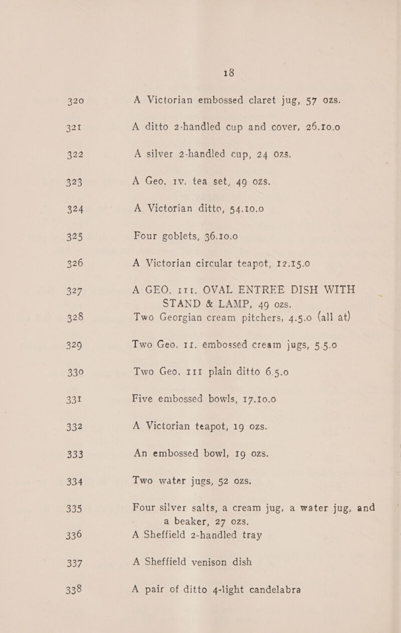 A Victorian embossed claret jug, 57 0Zzs. A ditto 2-handled cup and cover, 25.10.0 A silver 2-handled cup, 24 ozs. A Geo. tv. tea set, 49 028. A Victorian ditto, 54.10.0 Four goblets, 36.10.0 A Victorian circular teapot, 12.15.0 A GEO. 111. OVAL ENTREE DISH WITH STAND &amp; LAMP, 49 ozs. Two Georgian cream pitchers, 4.5.0 (all at) Two Geo. 1f. embossed cream jugs, 5.5.0 Two Geo. 111 plain ditto 6.5.0 Five embossed bowls, 17.10.0 A Victorian teapot, 19 ozs. An embossed bowl, 19 ozs. Two water jugs, 52 ozs. Four silver salts, a cream jug, a water jug, and a beaker, 27 ozs. A Sheffield 2-handled tray A Sheffield venison dish A pair of ditto 4-light candelabra