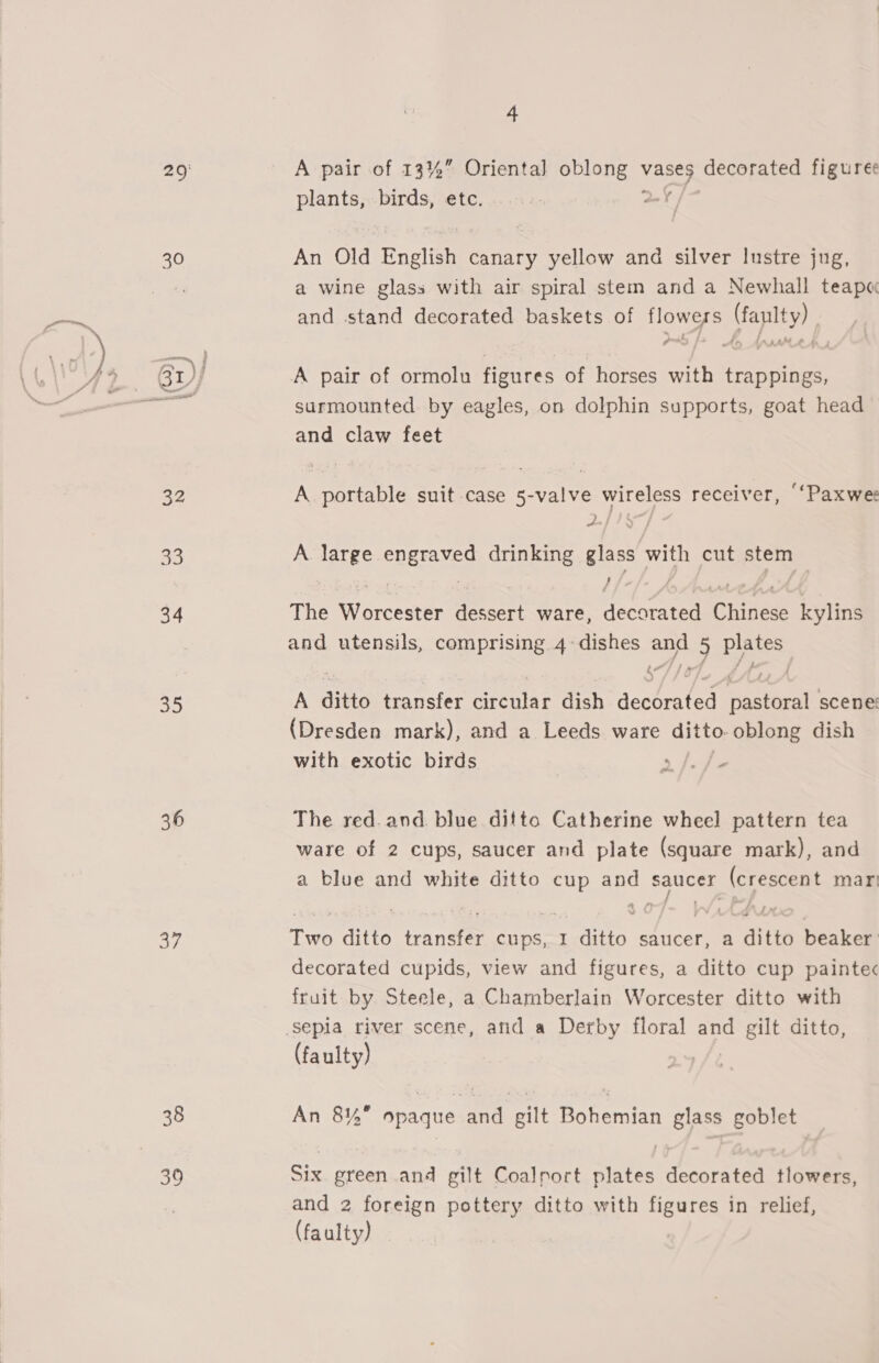 30 32 33 34 35 36 38 39 4 A pair of 13%” Oriental] oblong Ms, decorated figuree plants, birds, etc. .{ An Old English canary yellow and silver Iustre jug, a wine glass with air spiral stem and a Newhall teapa and stand decorated baskets of flowers (faulty) A pair of ormolu figures of horses with trappings, surmounted by eagles, on dolphin supports, goat head and claw feet A portable suit case 5-valve wireless receiver, ‘‘Paxwe: eS ae A large engraved drinking glass with cut stem The Worcester dessert ware, decorated Chinese kylins and utensils, comprising 4-dishes and 5 plates A eee Se A ditto transfer circular dish decorated pastoral scene’ (Dresden mark), and a Leeds ware ditto. oblong dish with exotic birds | » tee The red. and blue ditto Catherine wheel pattern tea ware of 2 cups, saucer and plate (square mark), and a blue and white ditto cup and saucer (crescent mar Two ditto transfer cups, I ditto saucer, a ditto beaker decorated cupids, view and figures, a ditto cup paintec fruit by Steele, a Chamberlain Worcester ditto with (faulty) An 81% opaque and gilt Bohemian glass goblet Six green and gilt Coalrort plates decorated tlowers, and 2 foreign pottery ditto with figures in relief, (faulty)