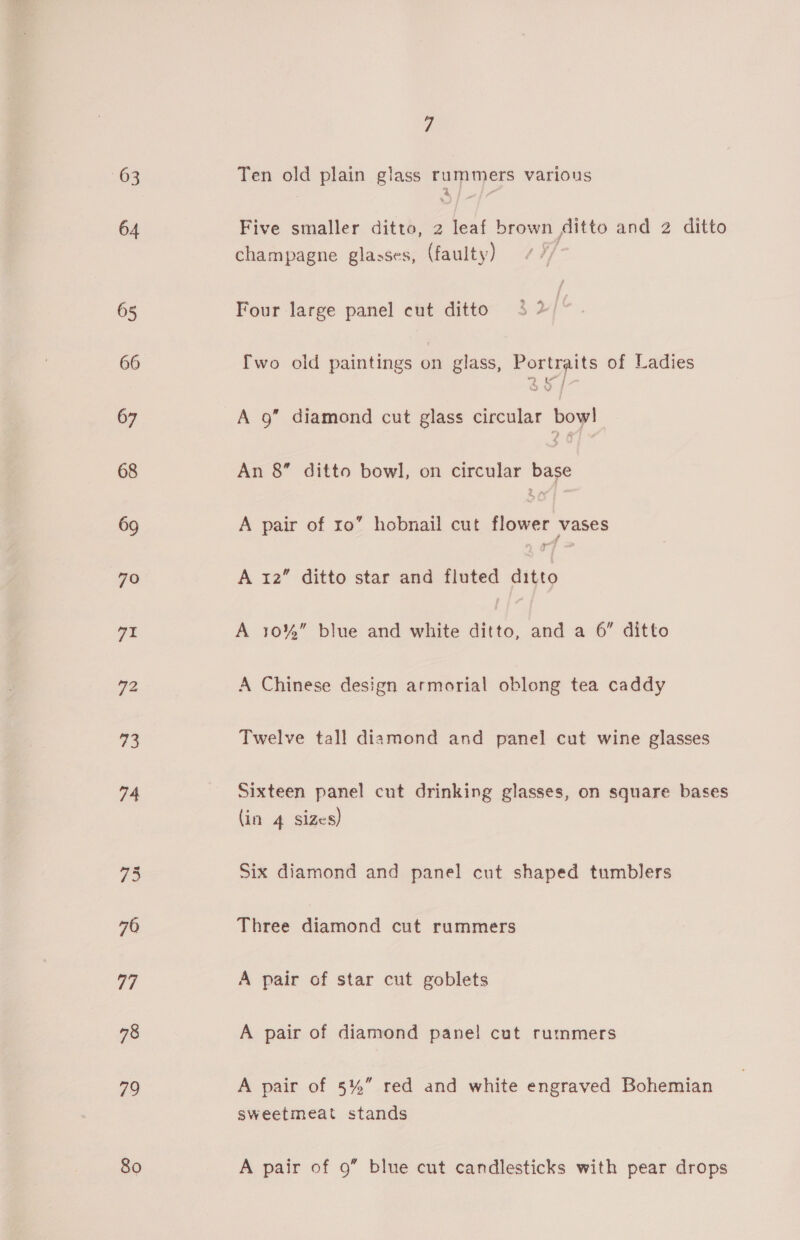 80 Ten old plain glass rummers various Five smaller ditto, 2 leaf brown ditto and 2 ditto champagne glasses, (faulty) Four large panel cut ditto [wo old paintings on glass, Portraits of Ladies A 9” diamond cut glass ciceular boy! An 8’ ditto bowl, on circular base A pair of ro” hobnail cut ae Vases A 12” ditto star and fluted Ais A 10%” blue and white ditto, and a 6” ditto A Chinese design armorial oblong tea caddy Twelve tall diamond and panel cut wine glasses Sixteen panel cut drinking glasses, on square bases (in 4 sizes) Six diamond and panel cut shaped tumblers Three diamond cut rummers A pair of star cut goblets A pair of diamond panel cut rummers A pair of 5%” red and white engraved Bohemian sweetmeat stands A pair of 9” blue cut candlesticks with pear drops