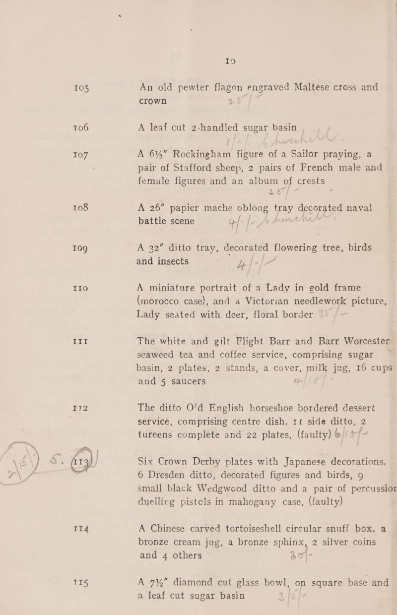 106 107 108 109g ITo 1I4 TI5 Io An old pewter flagon engraved Maltese cross and crown 9 A leaf cut 2-handled sugar basin A 6%” Rockingham figure of a Sailor praying, a pair of Stafford sheep, 2 pairs of French maje and female figures and an album of crests ao°/ : A 26” papier mache oblong yo decorated naval battle scene +/ _j A 22” ditto tray, decorated flowering tree, birds and insects by ieee Bere A miniature portrait of a Lady in gold frame (morocco case), and a Victorian needlework picture, Lady seated with deer, floral border | The white and gilt Flight Barr and Barr Worcester seaweed tea and coffee service, comprising sugar _ basin, 2 plates, 2 stands, a cover, pat jug, 10 cups and 5 saucers 4 The ditto O'd English horseshoe bordered dessert service, comprising centre dish, rr side ditto, 2 tureens complete and 22 plates, (faulty) &amp; /*/ Six Crown Derby plates with Japanese decorations, 6 Dresden ditto, decorated figures and birds, 9 small black Wedgwood ditto and a pair of percussior duelling pistels in mahogany case, (faulty) A Chinese carved tortoiseshell circular snuff box, a bronze cream jug, a bronze sphinx, 2 silver coins e ; and 4 others ac1- A 7% diamond cut glass bowl, on square base and a leaf cut sugar basin