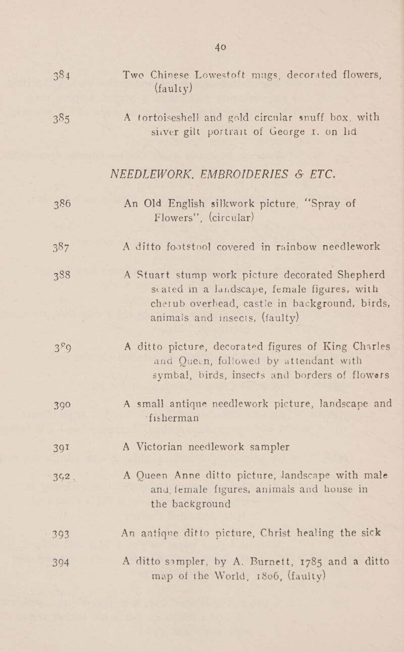 388 3%9 390 3Gt 393 394 40 Two Chinese Lowestoft mugs, decorated flowers, (fauliy) A tortoiseshell and gold circnlar snuff box, with siiver gilt portrait of George 1. on lid An Old English silkwork picture, “Spray of Flowers’, (circular) A ditto footstool covered in rainbow needlework A Stuart stump work picture decorated Shepherd scated in a Jandscape, female figures, with cherub overhead, castie in background, birds, animals and insects, (faulty) A ditto picture, decorated figures of King Charles and Queen, followed by attendant with symbal, birds, insects and borders of flowers A small antique needlework picture, landscape and ‘fisherman A Victorian needlework sampler A Queen Anne ditto picture, Jandscape with male and female figures, animals and house in the background An antiqne ditto picture, Christ healing the sick A ditto sampler, by A. Burnett, 1785 and a ditto map of the World, 1806, (faulty)