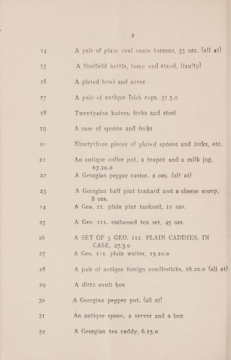 A pair of plain oval sauce tureens, 33 02s. (all at) A Sheffield kettle, lamp and stand, (faulty) A plated bowl and cover A pair of antique Trish cups, 31.5.0 Twentynine knives, forks and steel A case of spoons and forks Ninetythree pieces of plated spoons and forks, etc. An antique coffee pot, a teapot and a milk jug, O7310,.0 A Georgian pepper castor, 2 ozs. (al! at) A Georgian half pint tankard and a cheese scoop, 8 ozs. A Geo. 11. plain pint tankard, 11 ozs. A Geo. 1ri. embossed tea set, 45 ozs. A SEE OF 3) GHO. 111 >PLAIN: CADDIES, “iN CASE, 27.5.0 A Geo, 111. plain waiter, 15.10.0 A pair of antique foreign candlesticks, 16.10.0 (all at) A ditto snuft box A Georgian pepper pot, (all at) An antique spoon, a server and a box A Georgian tea caddy, 6.15.0