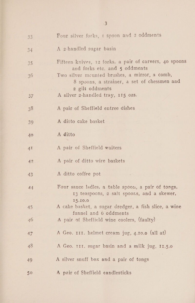 Four silver forks, ¢ spoon and 2 oddments A 2-handled sugar basin Fifteen knives, 12 forks, a pair of carvers, 40 spoons and forks etc. and § oddments Two silver mcunted brushes, a mirror, a comb, 8 spoons, a strainer, a set of chessmen and 2 gilt oddments A silver 2-handled tray, 115 ozs. A pair of Sheffield entree dishes A ditto cake basket A ditto A pair of Sheffield waiters A pair of ditto wire baskets A ditto coffee pot Four sauce ladles, a table spoon, a pair of tongs, 13 teaspoons, 2 salt spoons, and a skewer, 15.10.0 A cake basket, a sugar dredger, a fish slice, a wine funnel and 6 oddments A pair of Sheffield wine coolers, (faulty) A Geo. 111. helmet cream jug, 4.50.0 (all at) A Geo. t1r. sugar basin and a milk jug, 11.5.0 A silver snuff box and a pair of tongs A pair of Sheffield candlesticks