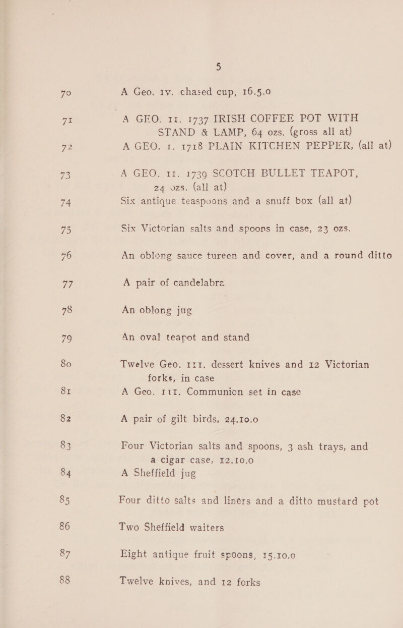 A Geo. 1v. chased cup, 16.5.0 A GEO. 11. 1737 IRISH COFFEE POT WITH STAND &amp; LAMP, 64 ozs. (gross all at) A GEO. 1. 1718 PLAIN KITCHEN PEPPER, (all at) A GEO, 11; 4739 SCOICH BULLET TEAPOT, 2a-ogs. (alt at} Six antique teaspoons and a snuff box (all at) Six Victorian salts and spoons in case, 23 02S. An oblong sauce tureen and cover, and a round ditto A pair of candelabra An oblong jug An oval teapot and stand Twelve Geo. 1:1. dessert knives and 12 Victorian forks, in case A Geo. 111. Communion set in case A pair of gilt birds, 24.10.0 Four Victorian salts and spoons, 3 ash trays, and a cigar case, I2.10.0 A Sheffield jug Four ditto salts and liners and a ditto mustard pot Two Sheffield waiters Fight antique fruit spoons, 15.10.0 Twelve knives, and 12 forks