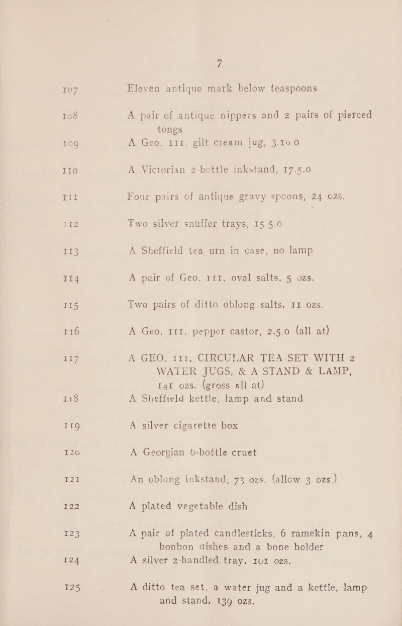 124 125 ’: Eleven antiqne mark below teaspoons A pair of antique nippers and 2 pairs of pierced tongs A Geo. 111. gilt creain jug, 3.19.0 A Victorian 2-bottle inkstand, 17.5.0 Four pairs of antique gravy spcons, 24 o2Zs. Two silver snuffer trays, 15 5.0 A Sheffield lea urn in case, no lamp A peir of Geo. 152, oval salts, § ozs. Two pairs of ditto oblong salts, 11 ozs. A Geo. 111. pepper castor, 2.5.0 (all at) fe GEO. 111, CACO LAR TEASET Wiltz WATER jttes, &amp; A SEAND &amp; LAMP, I4t ozs. (gross all at) A Sheffteld kettle, lamp and stand A silver cigarette box A Georgian 6-bottle cruet An oblong inkstand, 73 ozs. fallow 3 ozs.) A plated vegetable dish A paic of plated candlesticks, 6 ramekin pans, 4 bonbon dishes and a bone holder A silver 2-handled tray, ru ozs. A ditto tea set, a water jug and a kettle, lamp and stand, 139 ozs.
