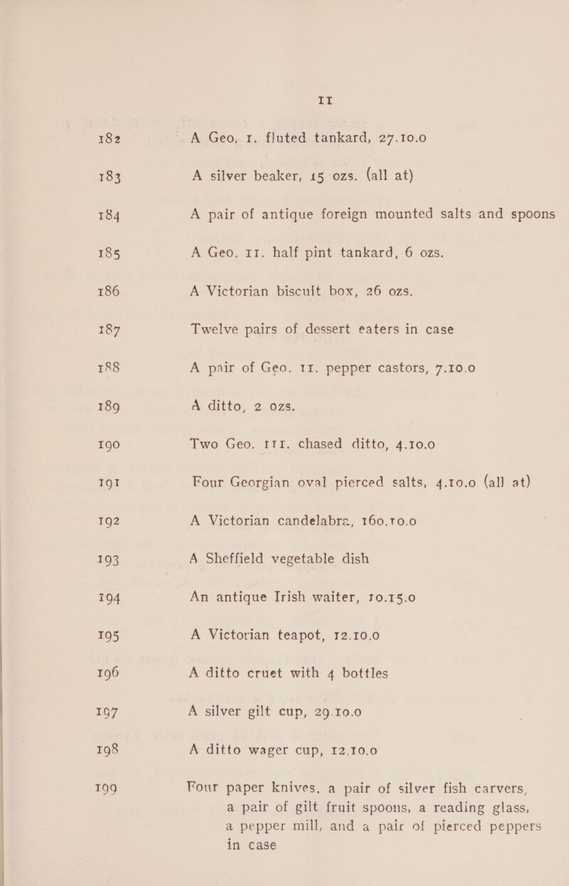 at 182 '. A Geo, 1. fluted tankard, 27.10.0  183 A silver beaker, £5 ‘ozs. (all at) 184 A pair of antique foreign mounted salts and spoons 185 A Geo, 11. half pint tankard, 6 ozs. 186 A Victorian biscuit box, 26 ozs. 187 Twelve pairs of dessert eaters in case 188 A pair of Geo. 11. pepper castors, 7.10.0 189 A ditto, 2. ozs. Igo Two Geo, 111. chased ditto, 4.10.0 IQ! Four Georgian oval pierced salts, 4.10.0 (all at) 192 A Victorian candelabra, 160.T0.0 | 193 _A Sheffield vegetable dish i904 An antique Irish waiter, 10.15.0 195 A Victorian teapot, 12.10.0 196 A ditto cruet with 4 bottles | 197 A silver gilt cup, 29.I0.0 | 198 A ditto wager cup, 12.10.0 199 Four paper knives, a pair of silver fish carvers, . a pair of gilt fruit spoons, a reading glass, | a pepper mill, and a pair of pierced peppers in case