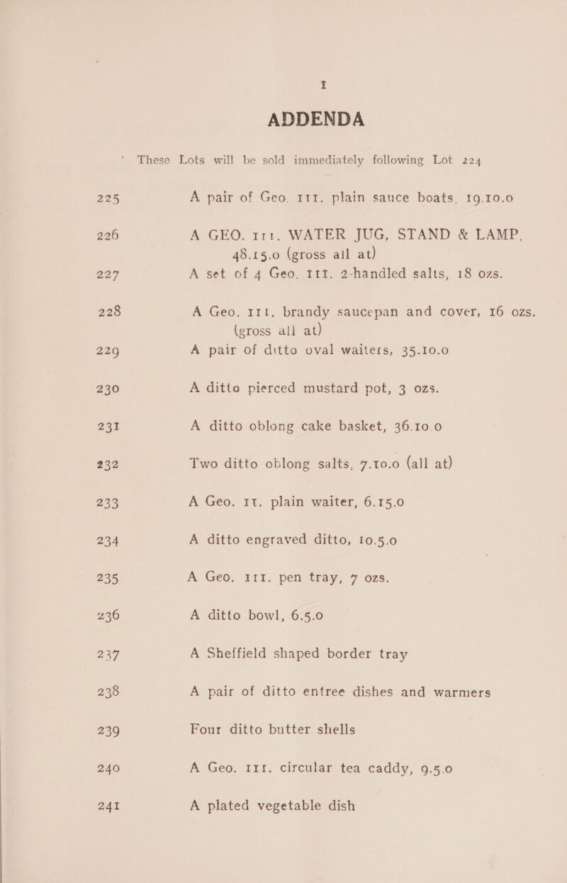 ADDENDA These Lots will be sold immediately following Lot 224 225 A pair of Geo. 111. plain sauce boats, 19.10.0 226 A GEO. 111. WATER JUG, STAND &amp; LAMP, 48.15.0 (gross all at) 227 A set of 4 Geo. t1t. 2-handled salts, 18 ozs. 228 A Geo. 111. brandy saucepan and cover, 16 ozs. (gross all at) 220 A pair of ditto oval waiters, 35.10.0 230 A ditto pierced mustard pot, 3 ozs. 231 A ditto oblong cake basket, 36.10.0 232 Two ditto oblong salts, 7.10.0 (all at) 233 A Geo. It. plain waiter, 6.15.0 234 A ditto engraved ditto, 10.5.0 235 A Geo. 311. pen tray, 7 ozs. 236 A ditto bowl, 6.5.0 237 A Sheffield shaped border tray 238 A pair of ditto entree dishes and warmers 239 Four ditto butter shells 240 A Geo. 111. circular tea caddy, 9.5.0 241 A plated vegetable dish