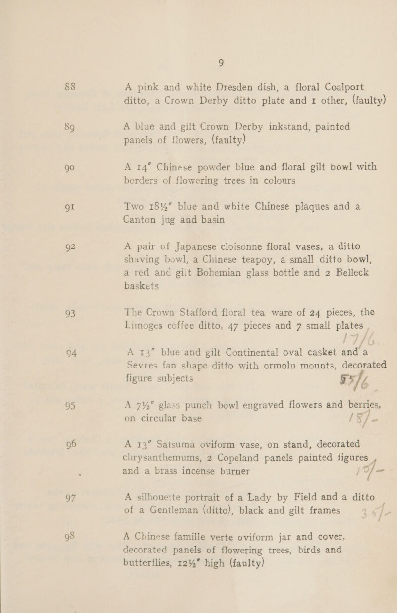 §8 89 go gf Q2 93 95 96 2 A pink and white Dresden dish, a floral Coalport ditto, a Crown Derby ditto plate and 1 other, (faulty) A blue and gilt Crown Derby inkstand, painted panels of flowers, (faulty) A 14” Chinese powder blue and floral gilt bowl with borders of flowering trees in colours Two 18%” blue and white Chinese plaques and a Canton jug and basin A pair of Japanese cloisonne floral vases, a ditto shaving bowl, a Chinese teapoy, a small ditto bowl, a red and giit Bohemian glass bottle and 2 Belleck baskets The Crown Stafford floral tea ware of 24 pieces, the Limoges coffee ditto, 47 pieces and 7 small plates , pi » fy a ) 7 i 7 t3 A 13” blue and gilt Continental oval casket and a Sevres fan shape ditto with ormolu mounts, decorated figure subjects a x1, A 7%, glass punch bow] engraved flowers and berries, on circular base 8) a A 13” Satsuma oviform vase, on stand, decorated chrysanthemums, 2 Copeland panels painted figures / i at and a brass incense burner }¥ A silhouette portrait of a Lady by Field and a ditto of a Gentleman (ditto), black and gilt frames t &lt;a A Chinese famille verte oviform jar and cover, decorated panels of flowering trees, birds and butterflies, 12% high (faulty)