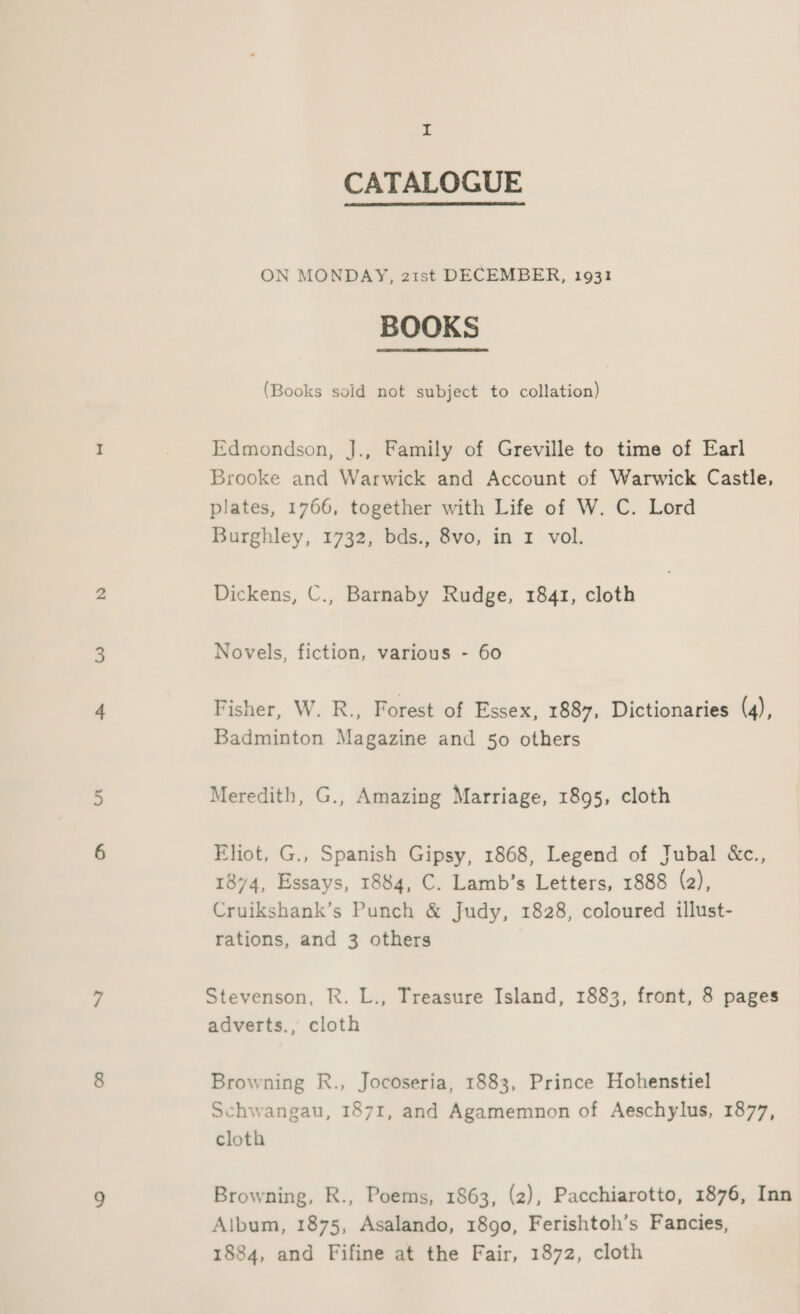 = CATALOGUE  ON MONDAY, 21st DECEMBER, 1931 BOOKS (Books solid not subject to collation) Edmondson, J., Family of Greville to time of Earl Brooke and Warwick and Account of Warwick Castle, plates, 1766, together with Life of W. C. Lord Burghley, 1732, bds., 8vo, in 1 vol. Dickens, C., Barnaby Rudge, 1841, cloth Novels, fiction, various - 60 Fisher, W. R., Forest of Essex, 1887, Dictionaries (4), Badminton Magazine and 50 others Meredith, G., Amazing Marriage, 1895, cloth Eliot, G., Spanish Gipsy, 1868, Legend of Jubal &amp;c., 1874, Essays, 1884, C. Lamb’s Letters, 1888 (2), Cruikshank’s Punch &amp; Judy, 1828, coloured illust- rations, and 3 others Stevenson, R. L., Treasure Island, 1883, front, 8 pages adverts., cloth Browning R., Jocoseria, 1883, Prince Hohenstiel Schwangau, 1871, and Agamemnon of Aeschylus, 1877, cloth Browning, R., Poems, 1863, (2), Pacchiarotto, 1876, Inn Album, 1875, Asalando, 1890, Ferishtoh’s Fancies, 1884, and Fifine at the Fair, 1872, cloth