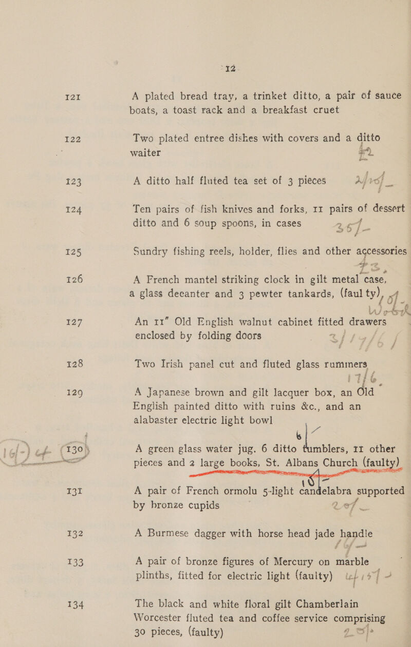 I21I 122 123 124 125 126 127 128 129 132 133 134 712 A plated bread tray, a trinket ditto, a pair of sauce boats, a toast rack and a breakfast cruet Two plated entree dishes with covers and a ditto waiter a). £. ees A ditto half fluted tea set of 3 pieces Mrs} _ Ten pairs of fish knives and forks, rr pairs of dessert ditto and 6 soup spoons, in cases 2¢4 Sundry fishing reels, holder, flies and other accessories A French mantel striking clock in gilt metal case, a glass decanter and 3 pewter tankards, (faul ty) of * @ e As 4 Ti An 11” Old English walnut cabinet fitted drawers enclosed by folding doors Two Irish panel cut and fluted glass rummers A Japanese brown and gilt lacquer box, an Old Fnglish painted ditto with ruins &amp;c., and an alabaster electric light bowl | A green glass water jug. 6 ditto tumblers, rz other pieces and 2 large books, St. Albans Church (faulty).  A pair of French ormolu 5-light dandelabia supported by bronze cupids 20f A Burmese dagger with horse head jade handle A pair of bronze figures of Mercury on marble plinths, fitted for electric light (faulty) t//+) ~ The black and white floral gilt Chamberlain Worcester fluted tea and coffee service geese 30 pieces, (faulty) gS}