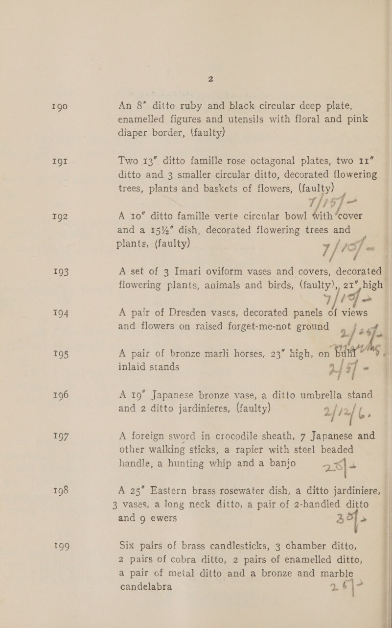 190 IQI 192 193 195 196 197 An 8” ditto ruby and black circular deep plate, enamelled figures and utensils with floral and pink diaper border, (faulty) Two 13” ditto famille rose octagonal plates, two 11” ditto and 3 smaller circular ditto, decorated flowering trees, plants and baskets of flowers, (faulty) Tf} 4 ed A 10” ditto famille verte circular bowl ith {ie and a 15%” dish, decorated flowering trees and plants, (faulty) 7/e / yo if A set of 3 Imari oviform vases and covers, ee 4 TSF om A pair of Dresden vases, decorated panels of views and flowers on raised forget-me-not ground 3 2} 4 sf. A pair of bronze marli horses, 23” high, on a inlaid stands ya 24 47 os A 19” Japanese bronze vase, a ditto umbrella stand and 2 ditto jardinieres, (faulty) 2f /uf | A foreign sword in crocodile sheath, 7 Japanese and other walking sticks, a rapier with steel beaded handle, a hunting whip and a banio 253 4 A 25° Eastern brass rosewater dish, a ditto jardiniere, 3 vases, a long neck ditto, a pair of 2-handled ditto and g ewers AP} o 91x pairs of brass candlesticks, 3 chamber ditto, 2 pairs of cobra ditto, 2 pairs of enamelled ditto, a pair of metal ditto and a bronze and marble candelabra 264°