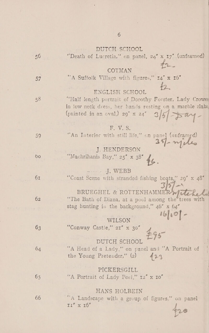 Bs 58 59 60 61 62 63 64 66 6 DUTCH SCHOOL ‘Death of Lucretia,” on panel, 24” x 17” (unframed) aa  COTMAN “A Suffolk Village with figures, 33 4” x TO” ENGLISH SCHOOL “Half length portrait of Dorothy Forster, Lady Crowee in low neck dress, her hands resting on a marble slabo (painted in an a 20° x 24 als. BPI Fo Vos. “An Interior with still life,’ on 44 (unfram y Pe 34] 4)  J. HENDERSON  nee at WEBB “Coast Scene with stranded fishing boats,” 29” x 48 jof,-* BRUEGHEL &amp; ROTTENHAMM Whe Al “The Bath of Diana, at a pool among the trees with | WILSON ) “Conway Castle,’ at” x 30” 46, DUTCH SCHOOL - “A Head of a Lady,’’ on panel and “A Portrait of | the Young Pretender,” (2) 42-4 PICKERSGILL “A Portrait of Lady Peel,” 12” x 10” HANS HOLBEIN “A Landscape with a gro up of figures,”’ on panel ob BAR es 0 ris 3?
