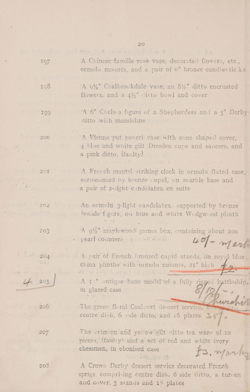 197 198 199 200 Z0L 203 204 206 207 208 20 oe A Chinese famille rose- vase, decorated flowers, etc., ormolu mounts, and a pair of 0” bronze candlestic ks ‘A 9%” Coalbrookdale vasé, an 8%” ditto encrusted flowers, and a 4%” ‘itto bowl and cover ‘A 6” Chelsea figure of a Shepherdess and a 5” Derby: ditto with aS Sete | “A Vienna’ ‘pot pourri: vase’ with cone shaped cover, 4 blue and white gilt Dresden cups and saucers, and a pink ditto, (faulty) French mantel striking clock in ormolu fluted case, surmounted by bronze cupid, on marble base and a pair of 2-light csndelabra: éf suite An ormolu 3-light candelabra, supported’ by bronze female figure, on blue and white Wedgwood plinth ba 4 gi” maplewood games box, containing about 200 blue_   21” high SS enaieouamamnnanin A 13” antique bone model“of a fully rig b ttleship,, in Bag case    \ RO Ne ome = epee  The green floral Coalport dessert Service, centre dixh, 6 side ditto, and 16 plates wad ke The crimeon’and yellow gilt ditto tea ware of 10 pieces, (fauliy) and’a set of-ted and white ivory chessmen, in ebonised Case f pees =e -- %) ~~ A oe Derby dessert service decorated French sprigs, comprising centre dish, 6 side ditto, a turcen and cover, 3 stands and 18 plates 7