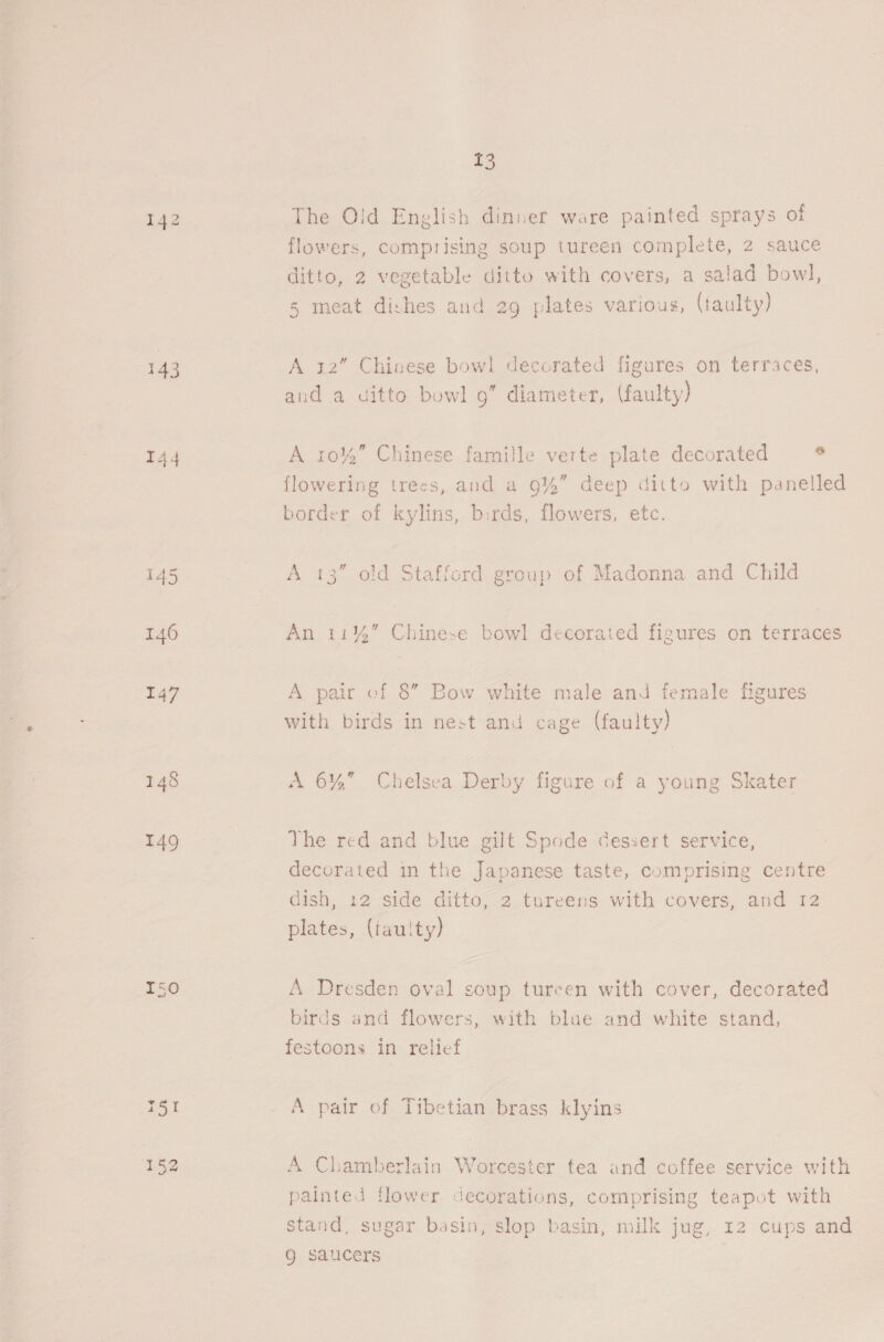 142 I44 149 151 152 5 The Old English dinner ware painted sprays of flowers, comprising soup tureen complete, 2 sauce ditto, 2 vegetable ditto with covers, a salad bowl, 5 meat dishes and 29 plates various, (taulty) A 10%” Chinese famille verte plate decorated ® flowering trees, and a 9%” deep ditto with panelled border of kylins, birds, flowers, etc. A 13” old Stafford group of Madonna and Child An 11%” Chinese bowl decorated figures on terraces A pair cf 8” Bow white male and female figures with birds in nest and cage (faulty) A 6%” Chelsea Derby figure of a young Skater The red and blue gilt Spode cessert service, decorated in the Japanese taste, comprising centre dish, 12 side ditto, 2 tureens with covers, and 12 plates, (faulty) A Dresden oval soup tureen with cover, decorated birds and flowers, with blue and white stand, festoons in relief A pair of Tibetian brass klyins A Chamberlain Worcester tea and coffee service with painted flower decorations, comprising teapot with stand, sugar basin, slop basin, milk jug, 12 cups and Q saucers