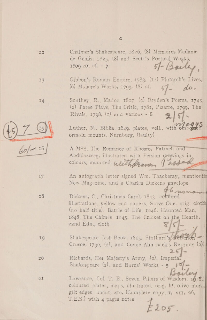 I2 I3 T4  18 19 2 Chalmer’s Shakespeare, 1826, (8) Memoires Madame de Genlis, 1825, (8) and Scott’s Poetical Wogks, 1809-20, cf. - 7 t Gibbon’s Roman Empire, je (rz) Plutarch’s Lives, (6) Muliere’s W orks, 1799, ( 8) ef. s]- jlo. Southey, R., Madoc, 1807, (2) Dryden’s Poems, 1743, (2) Three Plays, The Critic, 1781, Pizarre, 1799, The Rivals, 1798, (1) and various - 8 %| 5] - Luther, N., Biblia, 1649, plates, vell., wit OEALS ormolu mounts, Nurnburg, (faulty) | A MSS, The Romance of Khosro, Fatmeh and “== Abdulazzeeg, illustrated with Persian wines in Angad colours, mounted ntcthpravs, || atda Lot An autograph letter signed Wm. Thaskerey mentionii New Magazine, and a Charles Dickens Fie  6 no Dickens, C., Christmas Carol, 1843 cofftured illustrations, yellow end papers, Stave Oue, orig. clotk (no half title), Battle of Life, 1846, Haunted Man, 1848, The Chimes, 1845, The Cricket on the Hearth, 2and Edn., cloth s/s al  Shakespeare Jest Book, 1815, Stotha ard’ ; Crusoe, 1790, (2), and Comic Alm nack’s Re; rints (2)). “7 Richards, Her Majesty’s Army, (2), Imperia Shakespeare (2), and Burns’ Works - 5 fosus Lawrence, Col. T. E., Seven Pillars of Wisdom, ob 6, coloured plates, maps, illustrated, orig. hf. olive mor.., gilt edges, uncut, 4to, (Complete copy. 1, xzz, 26, T.E.S.) with 4 pages notes | } Los.