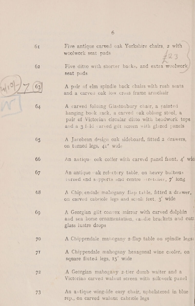  65 66 67 68 69 70 at 72 gs 6 Five antique carved oak Yorkshire chairs, 2 with woolwork seat pads 70 Ps Se \ la Five ditto with shorter backs, and extra woolwork seat pads A pair of elm spindle back chairs with rush seats and a carved oak low cross frame armchair A carved folaing Glastonbury chair, a painted hanging book rack, a carved cak oblong stool, a pair of Victorian circular ditto with beadwork tops — and a 3. fuld carved gilt screen with glazed panels A Jacobean design oak sideboard, fitted 2 drawers, on turned legs, 41” wide An antique oak colfer with carved panel front, 4° wic An antique ak refectory table, on heavy bu!bous curned end Supports and Centre stretcher, ie long A Chip; endale mahogany flap table, fitted a drawer, on carved cabriole legs and scroli feet, 3’ wide . \ A Georgian. gilt convex mirror with carved dolphin | and sea horse ornamentation, caidie brackets and cutt glass lustre drops j A Chippendale mahogany 2-flap table on spindle legs: A Chippendale mahogany hexagonal wine cooler, on square fluted legs, 15° wide A Georgian mahogany 2-tier dumb waiter and a Victorian carved walnut screen with silkwork panel An antique wingside easy chair, upholstered in blue rep., On carved walnut cabriole legs