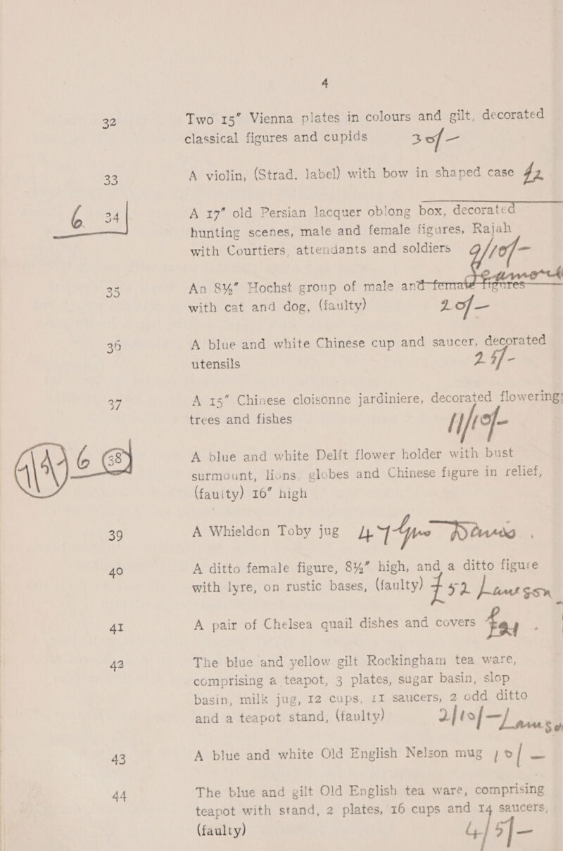 Re oS  42 43 44 4 Two 15” Vienna plates in colours and gilt, decorated classical figures and cupids 3 of — A violin, (Strad. label) with bow in shaped case 42 A 17” old Persian lacquer oblong box, decorate hunting scenes, male and female figures, Rajah with Courtiers. attendants and soldiers   An 8% Hochst group of male an : with cat and dog, (faulty) Lof— A blue and white Chinese cup and saucer, decorated utensils Aap A 15” Chinese cloisonne jardiniere, decorated flowering? trees and fishes / / / A blue and white Delft flower holder with bust surmount, lions. globes and Chinese figure in relief, (fauity) 16” high A Whieldon Toby jug Lb Yr~ hy Credg A ditto female figure, 8%” high, a a ditto figure with lyre, on rustic bases, (faulty) - y y fs 2 Panton A pair of Chelsea quail dishes and covers £4 The blue and yellow gilt Rockingham tea ware, comprising a teapot, 3 plates, sugar basin, slop basin, milk jug, 12 cups, £1 saucers, 2 odd ditto and a teapot stand, (faulty) 2) t0f—/ ¢ &amp; A blue and white Old English Nelson mug ; >| i % The blue and gilt Old English tea ware, comprising teapot with stand, 2 plates, 16 cups and 14 saucers, (faulty) tii 5]-