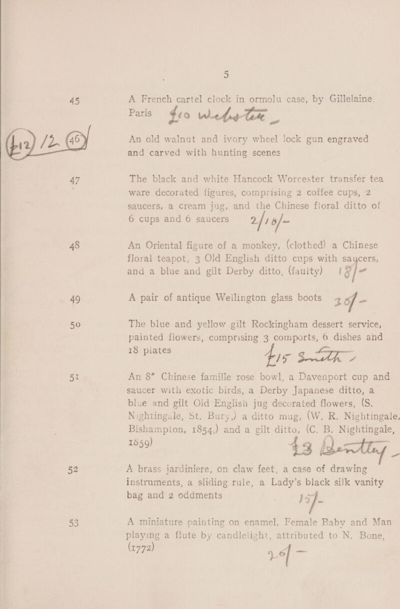   49 50 52 53 2 A French cartel clock in ormolu case, by Gillelaine, Paris $10 whe EE and carved with hunting scenes The black and white Hancock Worcester transfer tea ware decorated figures, comprising 2 coifee cups, 2 saucers, a cream jug, and the Chinese floral ditto of 6 cups and 6 saucers 2/1 6/~ floral teapot, 3 Old English ditto cups with saycers, and a blue and gilt Derby ditto, (faulty) ig] A pair of antique Wellington glass boots 2 of ye The blue and yellow gilt Rockingham dessert service, painted flowers, comprising 3 comports, 6 dishes and 18 plates EE : tis fees ae An 8” Chinese famille rose bowl, a Davenport cup and saucer with exotic birds, a Derby Japanese ditto, a blue and gilt Old English jug decorated flowers, (S. Nightingale, St. Bury,) a ditto mug, (W. R. Nightingale, Bishampton, 1854,) and a gilt ditto, (C. B. Nightingale, 1859) 43 AL A brass jardiniere, on claw feet, a case of drawing instruments, a sliding rule, a Lady’s black silk vanity bag and 2 oddments 1a]    A miniature painting on enamel, Female Baby and Man playing a flute by candlelight, attributed to N. Bone, (1772) 4, of aN