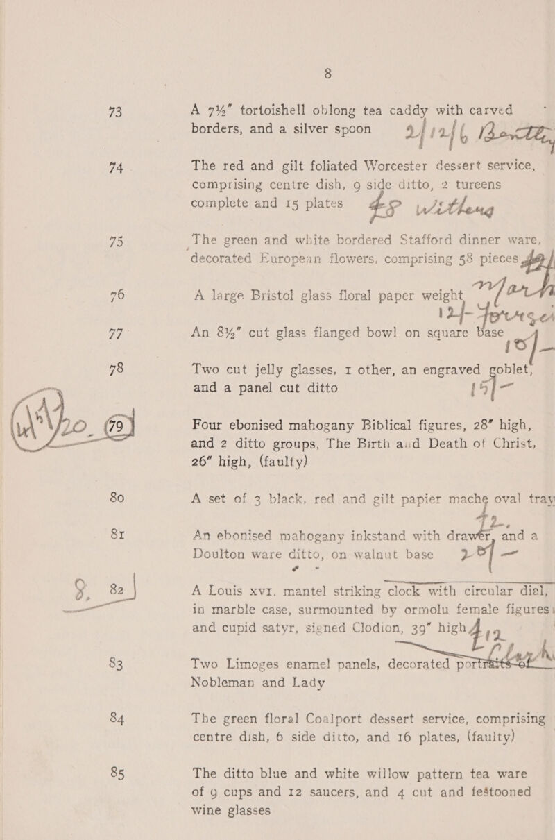 73 A 7% tortoishell oblong tea caddy with carved borders, and a silver spoon a} } 4 if Ib aT, TA, The red and gilt foliated Worcester dessert service, comprising centre dish, 9 side ditto, 2 tureens complete and 15 plates ts Ath rig 75 The green and white bordered Stafford dinner ware, decorated European flowers, comprising 58 piec a 76 A large Bristol glass floral paper ny ey: Vee An 8%” cut glass flanged bow! on he: ase ie i _ Two cut jelly glasses, r other, an engraved goblet, and a panel cut ditto (>; Four ebonised mahogany Biblical figures, 28” high, and 2 ditto groups, The Birth aid Death of Christ, 26” high, (faulty)  80 A set of 3 black, red and gilt papier de oval tray 8r An ebonised mahogany inkstand with dra and a Doulton ware ditto, on walnut base ?- —_ &amp; * 4 824 A Louis xvz. mantel striking clock with circular dial, a in marble case, surmounted by ormolu female figures; and cupid satyr, signed Clodion, 39” MebAig Ay 83 Two Limoges ename! panels, decomstel pare e™ Nobleman and Lady 84 The green floral Coalport dessert service, comprising centre dish, 6 side ditto, and 16 plates, (faulty) | 85 The ditto blue and white willow pattern tea ware of 4 cups and 12 saucers, and 4 cut and festooned wine glasses