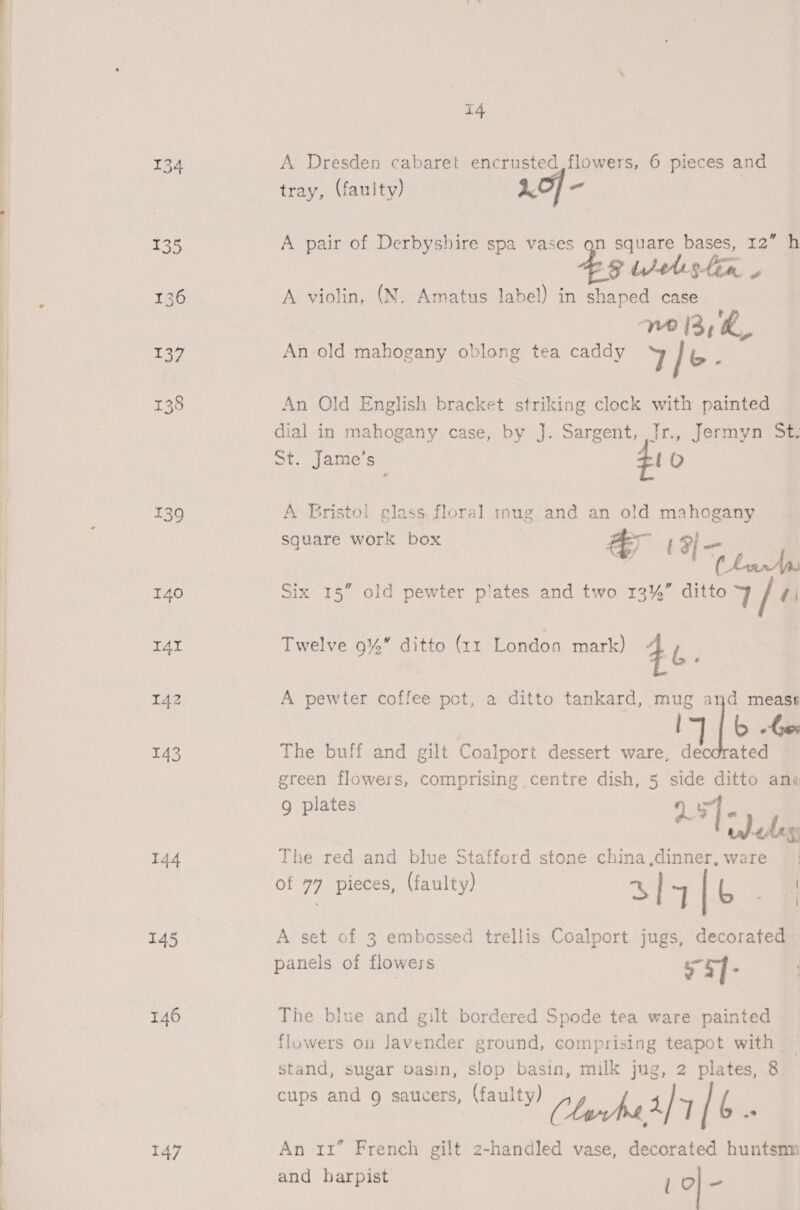   134 139 144 145 14 A Dresden cabaret encrusted flowers, 6 pieces and tray, (faulty) L.O] - A pair of Derbyshire spa vases qn square bases, 12” h 2 ttt slen, &amp; A violin, (N. Amatus label) in shaped case 1 [3% &amp; An old mahogany oblong tea caddy 7/¢ An Old English bracket striking clock with painted dial in mahogany case, by J. Sargent, Jr., Jermyn St. st. Jame’s 4 Q A Bristol glass floral mug and an old mahogany square work box Ay 13] — | Six 15” old pewter p’ates and two 13%” ditto q / fi Twelve 9% ditto (x1 London mark) 4 A pewter coffee pot, a ditto tankard, mug and meass | I [6 be The buff and gilt Coalport dessert ware, decorated green flowers, comprising centre dish, 5 side ditto ani g plates Pg a tee) The red and blue Stafford stone china,dinner, ware of 77 pieces, (faulty) a ; | L . # A set of 3 embossed trellis Coalport jugs, decorated panels of flowers 55]- The blue and gilt bordered Spode tea ware painted flowers on lavender ground, comprising teapot with | stand, sugar vasin, slop basin, milk jug, 2 plates, 8 cups and g saucers, (faulty) Cl f 4/7 [6 is An it” French gilt z2-handled vase, decorated huntsmm