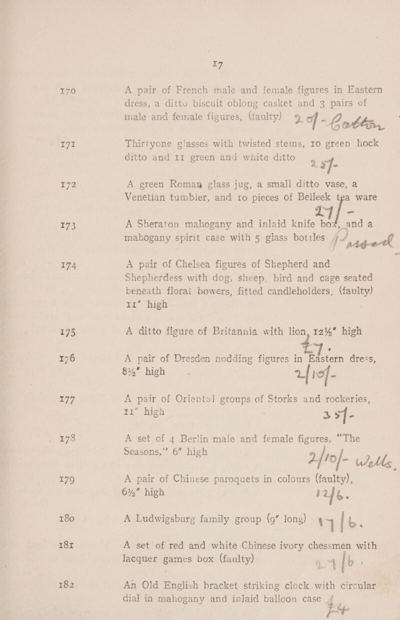 17I 174 175 178 179 180 18I 182 17 A pair of French male and female figures in Eastern dress, a ditto biscuit oblong casket and 3 pairs of male and female figures, (faulty) y) of as 2 fF “wy oblir Thirtyone glasses with twisted stems, ro green hock ditto and I1 green and white ditto 2s iE A green Roman glass jug, a small ditto vase, a Venetian tumbler, and 10 pieces of Belleek i ware A Sheraton mahogany and inlaid knife bo and a mahogany spirit | case with 5 glass bottles jf, ragetk A es of Chelsea figures of Shepherd and Shepherdess with dog, sheep, bird and cage seated beneath floral bowers, fitted candleholders, (faulty) EL” igh. A ditto figure of Britannia with lion, 12% high : ’ A pair of Dresden nodding figures in Eastern dress, 834 high. 2[19/- A pair of Oriental groups of Storks and rockeries, TE high : a sf- A set of 4 Berlin male and female figures, “The Seasons,’ 6” high bs / ) | 1°f- udetl ‘ahs A pair of Chinese paroquets in colours (faulty), 6% high ag. A Ludwigsburg family group (9” long) : 4 Ib. A set of red and white Chinese ivory chessmen with lacquer games box (faulty) 4 [b An Old English bracket striking clock with circular dial in mahogany and inlaid balloon case f |