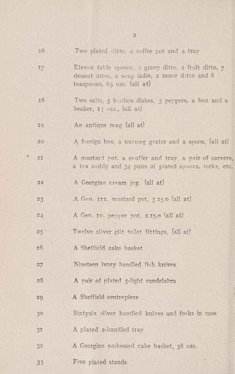 16 18 IQ 20 Pqet 22 23 24 26 27 28 “ 30 SL 32 Two plated ditto, a coffee pot and a tray Eleven table spoons, 2 gravy ditto, 2 fruit ditto, 7 dessert ditto, a soup ladle, 2 sauce ditto and 8 teaspoons, 63 ozs. (all at) Two salts, 5 bonbon dishes, 3 peppers, a box and a beaker, 13 ozs., (all at) An antique mug (all at) A foreign box, a nutmeg grater and a spoon, (all at) A mustard pot, a snuffer and tray, a pair of carvers, a tea caddy and 34 pairs of plated spvons, forks, etc. A Georgian cream jug, (all at) A Geo. rrr. mustard pot, 3.15.0 (all at) A Geo. tv. pepper pot, 2.15.0 (all at) Twelve silver gilt toilet fittings, (all at) A Sheffield cake basket Nineteen ivory handled fish knives A pair of plated 5-light candelabra A Sheffield centrepiece sixtysix silver handled knives and forks in case A plated 2-handled tray A Georgian embossed cake basket, 38 ozs. Five plated stands