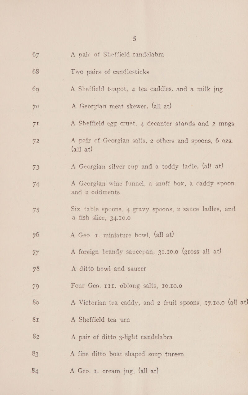 67 A vair of Sheffield candelabra 68 Two pairs of candlesticks 69 A Sheffield teapot, 4 tea caddies, and a milk jug 70 A Georgian meat skewer, (all at) ras A Sheffield egg cruet, 4 decanter stands and 2 mugs 72 A pair of Georgian salts, 2 others and spoons, 6 ozs. (all at) 73 A Georgian silver cup and a toddy ladle, (all at} 74 A Georgian wine funnel, a snuff box, a caddy spoon and 2 oddments 75 Six table spoons, 4 gravy spoons, 2 sauce ladles, and a fish slice, 34.10.0 “6 A Geo. i. miniature bowl, (all at) a7 A foreign brandy saucepan, 31.10.0 (gross all at) 78 A ditto bowl] and saucer 79 Four Geo. 111. oblong salts, 10.10.0 80 A Victorian tea caddy, and 2 fruit spoons, 17.10.0 (all at) 81 A Sheffield tea urn 82 A pair of ditto 3-light candelabra 83 A fine ditto boat shaped soup tureen 84 A Geo. r. cream jug, (all at)