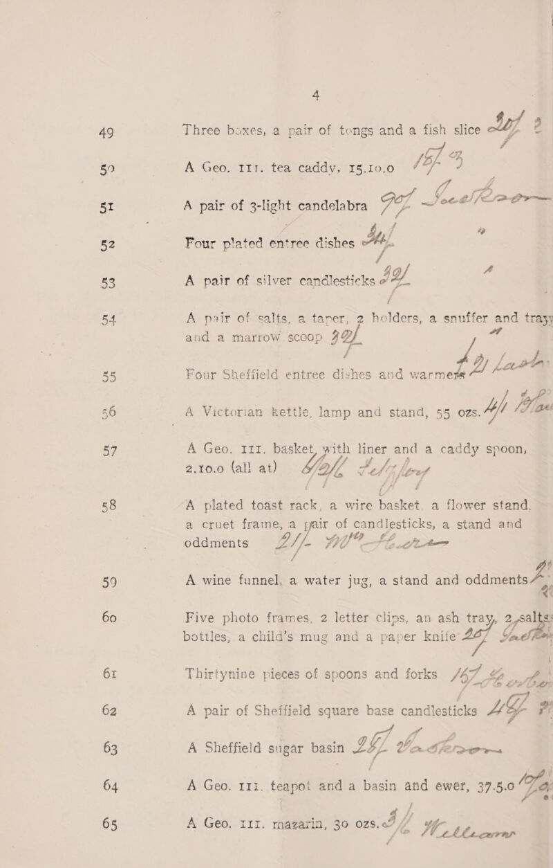 57 58 59 60 61 62 63 64 65 4 Three boxes, a pair of tongs and a fish slice Lyf 2 rf . /5h. 3 A Geo. 11r. tea caddy, 15.10.0 yas A pair of 3-light candelabra FL Soe tl (cj Or— ie f i : j Four plated entree dishes I] Ps “F Ries ; 3 4 A pair of silver candlesticks Ly A pair of salts, a taper, 2 nal a snuffer sane trayy and a marrow scoop ay. Four Sheffield entree dishes and a A Victorian kettle, lamp and stand, §5 ozs. Af [Ye A Geo. 111. basket, with liner and a caddy spoon, \ &gt;If SZ, Ze O20: (ali at) laf, 7 th 7, A plated toast rack, a wire basket. a flower stand. a cruet frame, a as of candlesticks, a stand and 2//- FH; Uf as oh ie / A wine funnel, a water jug, a stand and oddmétts Aa oS Five photo frames, 2 letter clips, an ash tray, ie bottles, a child’s mug and a paper knife aot Ye a Thirtynine pieces of spoons and forks M7, 4p, A pair of Sheffield square base condizetinga LG vr A Sheffield sugar basin » 6 the Cw) Medien A Geo. 111. teapot anda Baele and ewer, 37.5.6 Ya ) e. A Geo, Irr. mazarin, 30 EN, if YY es 44 thkt cara .