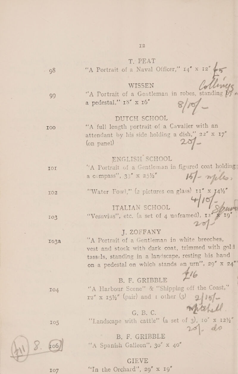 98 99 I0o LG, IOZ 103 103a 104 IZ TAB ACT “A Portrait of a Naval Officer,’ 14” x 12”    WISSEN “A Portrait of a Gentleman in robes, standing al pedestal so xt 8/0 DUTCH SCHOOL | “A full length portrait of a Cavalier with an attendant by his side holding a dish,’’ 22” x 17° (on panel) - ENGLIS H SCHOOL “A See of a Gentleman in figured coat holding | a compass , 93 x 25%4' ‘B/- whe os (2 pictures on glass) 11 4Y,” +] of. : ITALIAN SCHOOL V Of aaah “Vesuvius”, etc. (a set of 4 unframed), 12” x 19 eof “Water Fow),” 3% J. ZOFFANY “A Portrait of a Gentleman in white breeches, vest and stock with dark coat, trimmed with gold tassels, standing in a landscape, resting his hand on a pedestal on which stands an urn”, 29” x 24™ fie B. F. GRIBBLE | “A Harbour Scene’ &amp; ° To off the Coast,” r2” x 15%” (pair) and 1 other (3) 2 If (a set of 3), 10 x 12%” Vs. do G. B. C. “Landscape with cattle” B, F. GRIBBLE ‘4 Spanish Galleon”, 30” x 40” GIEVE “Tn the Orchard’, 29” x 19”