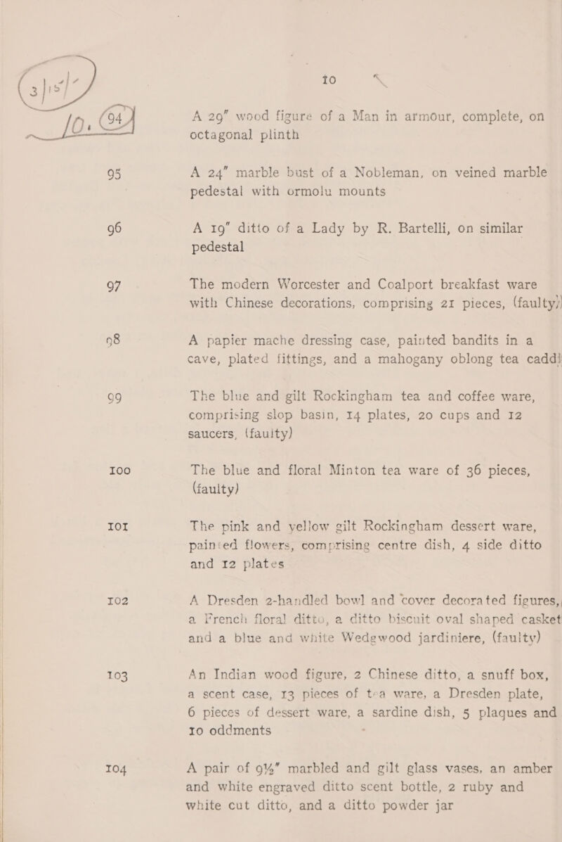   97 98 oO O I00 IOI I02 103 104 io i A 29” wood figure of a Man in armour, complete, on octagonal] plinth A 24” marble bust of a Nobleman, on veined marble pedestal with ormolu mounts A 19 ditto of a Lady by R. Bartelli, on similar pedestal The modern Worcester and Coalport breakfast ware with Chinese decorations, comprising 21 pieces, (faulty, A papler mache dressing case, painted bandits in a cave, plated fittings, and a mahogany oblong tea caddi The blue and gilt Rockingham tea and coffee ware, comprising slop basin, 14 plates, 20 cups and 12 saucers, (fauity) The blue and floral Minton tea ware of 36 pieces, (faulty) The pink and yellow gilt Rockingham dessert ware, painied flowers, comprising centre dish, 4 side ditto and 12 plates A Dresden 2-handled bowl] and cover decorated figures, a. French floral ditto, a ditto biscuit oval shaped casket and a blue and white Wedgwood jardiniere, (faulty) An Indian wood figure, 2 Chinese ditto, a snuff box, a scent case, 13 pieces of tea ware, a Dresden plate, 6 pieces of dessert ware, a sardine dish, 5 plaques and ro oddments ° A pair of 9%” marbled and gilt glass vases, an amber and white engraved ditto scent bottle, 2 ruby and white cut ditto, and a ditto powder jar