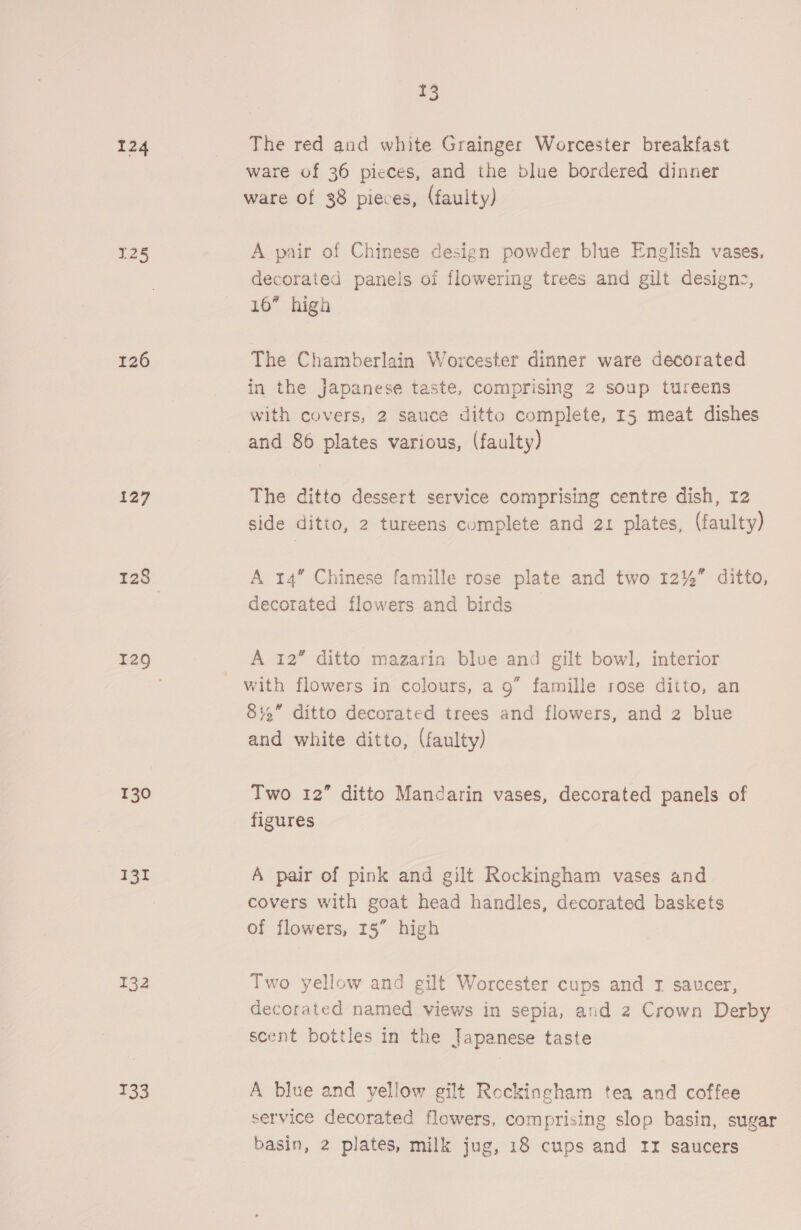 124 125 126 i27 130 131 132 133 13 The red and white Grainger Worcester breakfast ware of 36 pieces, and the blue bordered dinner ware of 38 pieces, (faulty) A pair of Chinese design powder blue English vases, decorated panels of flowering trees and gilt designe, 16” high The Chamberlain Worcester dinner ware decorated in the japanese taste, comprising 2 soup tureens with covers, 2 sauce ditto complete, 15 meat dishes and 86 plates various, (faulty) The ditto dessert service comprising centre dish, 12 side ditto, 2 tureens complete and 21 plates, (faulty) A 14” Chinese famille rose plate and two 12%” ditto, decorated flowers and birds A 12” ditto mazarin blue and gilt bowl, interior with flowers in colours, a 9” famille rose ditto, an 835” ditto decorated trees and flowers, and 2 blue and white ditto, (faulty) Two 12” ditto Mandarin vases, decorated panels of figures A pair of pink and gilt Rockingham vases and covers with goat head handles, decorated baskets of flowers, 15” high Two yellow and gilt Worcester cups and 1 saucer, decorated named views in sepia, and 2 Crown Derby scent bottles in the Japanese taste A blue and yellow gilt Rockingham tea and coffee service decorated flowers, comprising slop basin, sugar basin, 2 plates, milk jug, 18 cups and 12 saucers