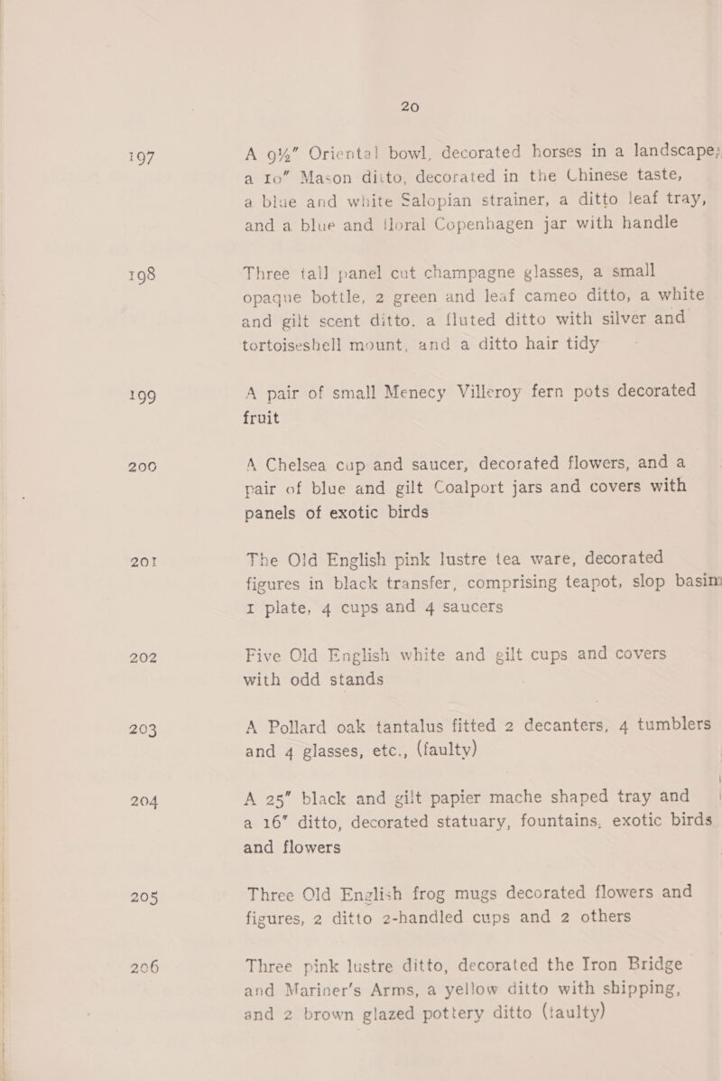 198 409 200 201 202 203 204 20 A 9%” Oriental bowl, decorated horses in a landscape; a Io” Mason diito, decorated in the Chinese taste, a blue and white Salopian strainer, a ditto leaf tray, and a blue and {oral Copenhagen jar with handle Three tall panel cut champagne glasses, a small opaque bottle, 2 green and leaf cameo ditto, a white and gilt scent ditto. a fluted ditto with silver and tortoisesbell mount, and a ditto hair tidy A pair of small Menecy Villeroy fern pots decorated fruit A Chelsea cup and saucer, decorated flowers, and a pair of blue and gilt Coalport jars and covers with panels of exotic birds The Old English pink lustre tea ware, decorated figures in black transfer, comprising teapot, slop basim I plate, 4 cups and 4 saucers Five Old English white and gilt cups and covers with odd stands A Pollard oak tantalus fitted 2 decanters, 4 tumblers and 4 glasses, etc., (faulty) | A 25” black and gilt papier mache shaped tray and | a 16” ditto, decorated statuary, fountains, exotic birds and flowers Three Old English frog mugs decorated flowers and figures, 2 ditto 2-handled cups and 2 others Three pink lustre ditto, decorated the Iron Bridge and Mariner’s Arms, a yellow ditto with shipping,