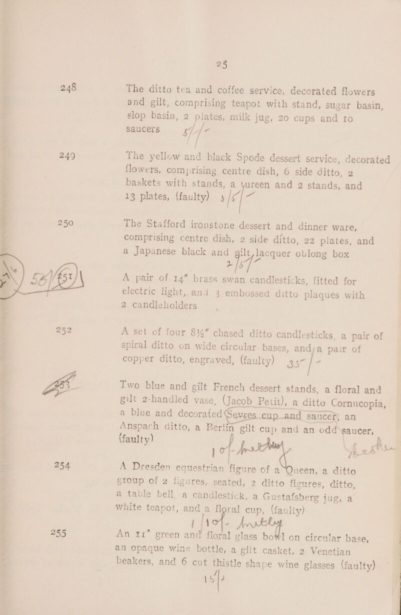 » Ayer Ss dal = Vee Seo  Cee eee Ue yo 248 249 254 255 - The ditto tea and coffee service, decorated flowers and gilt, comprising teapot with stand, sugar basin, slop basin, 2 plates, milk jug, 20 cups and 16 saucers sff- Lm | ‘he yellow and black Spode dessert service, decorated flowers, comprising centre dish, 6 side ditto, 2 baskets with stands, a tureen and 2 stands, and 13 plates, (faulty) 4 Is, = A pair of 14” brass swan candlesticks, fitted for electric light, and 3 embossed ditto plagues with 2 candleholders A set of four 8%” chased ditto candlesticks, a pair of spiral ditto on wide circular bases, and;a pair of copper ditto, engraved, (faulty) ay [= Two blue and gilt French dessert stands, a floral and gilt 2-handled vase, (Jacob Petit), a ditto Cornucopia, a blue and decorated Gevses cup and saucer; an Anspach ditto, a Berlin gilt cup and an odd: saucer, (faulty) J} ? \ tS eral 2 A Dresden equestrian figure of a Queen, a ditto group of 2 figures, seated, 2 ditto figures, ditto, a table bell, a candlestick, a Gustafsberg jug, a white teapot, and a floral cup, (faulty) An Ir” green and floral glass bowl on circular base, an opaque wine bottle, a gilt casket, 2 Venetian beakers, and 6 cut thistle shape wine glasses (faulty) We f ft Ae < va US  