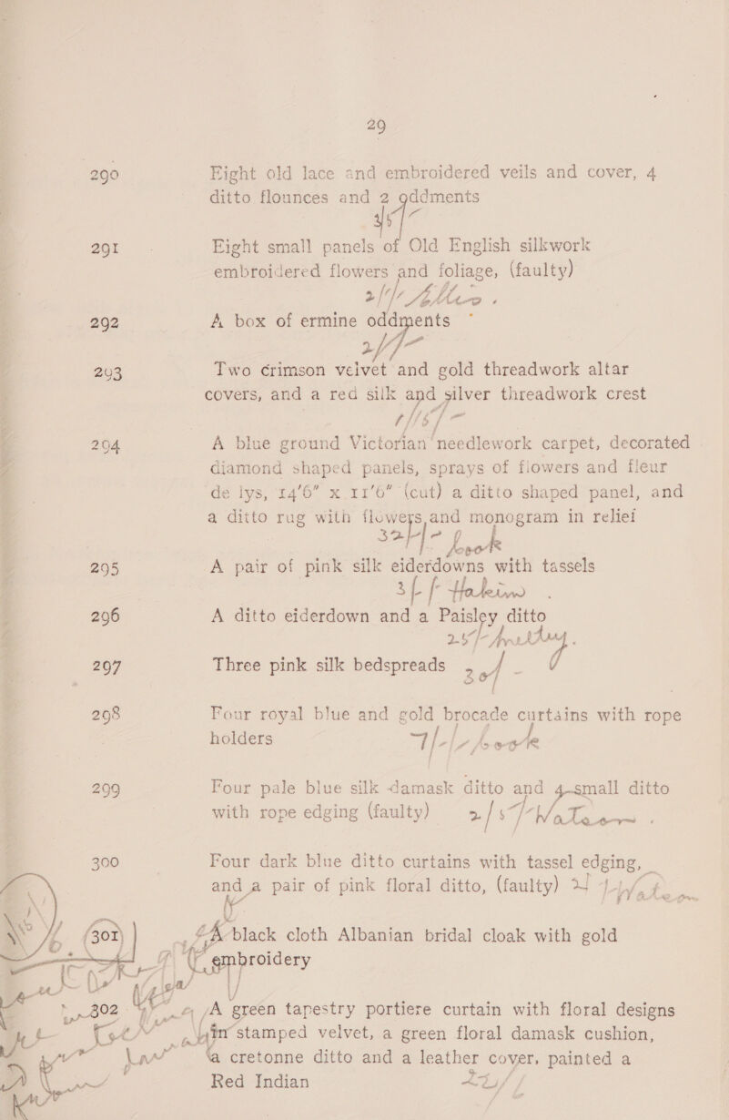 290 Eight ald lace and embroidered veils and cover, 4 ditto flounces and 2 gddments cir Sor. Eight small panels of Old English silkwork embroidered flowers and foliage, (faulty) ah Aller ‘ : 292 | A box of ermine oddments ~ a : af y 243 Two Grimson veivet and gold threadwork altar ‘ covers, and a rea silk 44 ia threadwork crest ( 204 A blue ground mites Fdeeicwars carpet, decorated 4 diamond shaped panels, sprays of flowers and fleur 4 de lys, 146” x 11’6” (cut) a ditto shaped panel, and a ditto rug with flowers and monogram in relief sable pe 295 A pair of pink silk eiderdowns with tassels aL F Halen) : 296 A ditto eiderdown and a eee sc! ditto ‘ 2 fink 4 207 Three pink silk bedspreads 2 i”) ; 298 Four royal blue and Ji brocade curtains with rope holders 7 L-L-A Cate 299 Four pale blue silk damask ditto and 4-small ditto | with rope edging (faulty) Te: / gis BF Saco Four dark blue ditto curtains with tassel and aA pair of pink floral ditto, (faulty) HU -LiL/ ¢ y fA. un : aa the black cloth Albanian bridal cloak with gold G ie ¢ ip l/ pA green tapestry portiere curtain with floral designs Mater stamped velvet, a green floral damask cushion, ‘a cretonne ditto and a leather cover, painted a Red Indian 24i/ } 