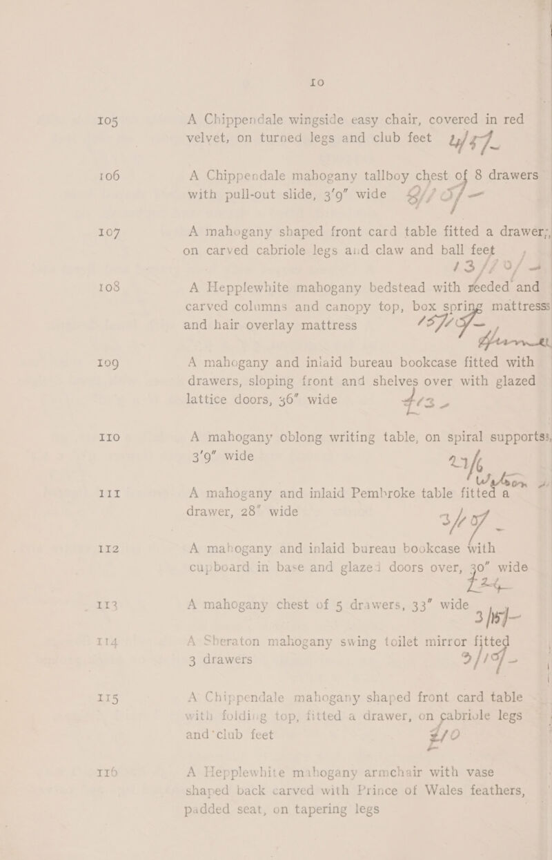 106 199 IIO pe ea 112 TIO 5 Lo velvet, on turned legs and club feet to 57. 1 Sf with pull-out slide, 3’9” wide Th afs—  A Chippendale mahogany tallboy chest J 8 drawers A mahogany shaped front card table fitted a drawer;, on carved cabriole legs aid claw and ball feet / 3 ff ro / am A Raiesie mahogany bedstead with reeded and carved columns and canopy top, box spr mattresss and hair overlay mattress 13 7 S- A mahogany and iniaid bureau bookcase fitted with drawers, sloping front and shelves over with glazed lattice doors, 36” wide 42 = A mahogany oblong writing table, on spiral supportss, 3’9” wide rf  oa Welson 4) A mahogany and inlaid Pembroke table fitted a drawer, 28” wide 3h A mahogany and inlaid bureau bookcase with cupboard in base and glazei doors over, a wide ~ A mahogany chest of 5 drawers, 33” wide 36] A Sberaton mahogany swing toilet ane pe 3 drawers A Chippendale mahogany shaped front card table | with folding top, fitted a drawer, on gabrivle legs © | and ‘club feet 2/0 A Hepplewhite mahogany armchair with vase shaped back carved with Prince of Wales feathers, padded seat, on tapering legs .