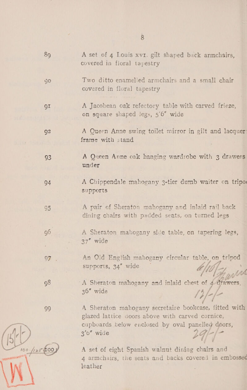 89 or Q2 93 94 98  8 A set of 4 Louis xvz. gilt shaped back armchairs, covered in floral tapestry Two ditto enamelied armchairs and a small chair covered in flora] tapestry A Jacobean oak refectory table with carved frieze, on square shaped legs, 5’6 wide A Queen Anne swing toilet mirror in gilt and lacquer: frame with stand A Queen Anne oak hanging wardrobe with 3 drawers under A Chippendale mahogany 3-tier dumb waiter on tripos supports A pair of Sheraton mahogany and inlaid rail back dining chairs with padded seats, on turned legs A Sheraton mahogany side table, on tapering legs, 27” wide An Old English mahogany circular table, on Ba oat supports, 34” wide — LLP hie Mth 36” wide /t/-/- A Sheraton mahogany secretaire aoa fitted with glazed lattice doors above with carved cornice, cupboards below enclosed by oval panelled doors, 3’0” wide 24/ 4 - ; fj ¥ A set of eight Spanish walnut dining chairs and 4 armchairs, the seats and backs covered in embossed leather