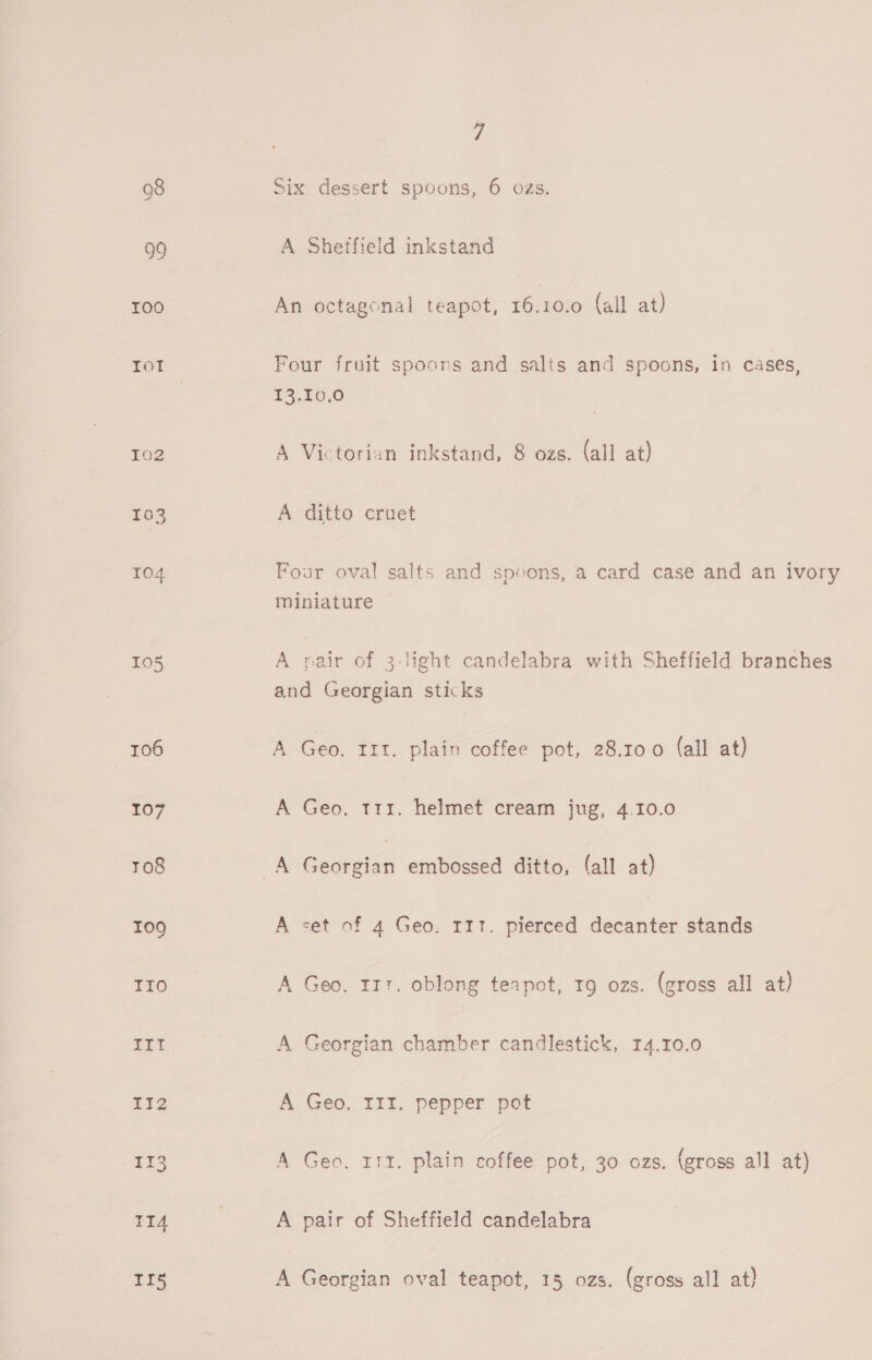 98 Six dessert spoons, 6 ozs. 99 A Shetfieid inkstand pero) An octagonal teapot, 16.10.0 (all at) Ior Four fruit spoons and salts and spoons, in cases, | “TS.00,0 102 A Victorian inkstand, 8 ozs. (all at) 103 A ditto cruet 104 Four oval salts and speons, a card case and an ivory miniature 105 A pair of 3-light candelabra with Sheffield branches and Georgian sticks 106 A Geo. IIT. plain coffee pot, 28.100 (all at) 107 A Geo. tr1. helmet cream jug, 4.10.0 108 ee oe embossed ditto, (all at) 109 A set of 4 Geo. 111. pierced decanter stands IO A Geo. 117. oblong teapot, 19 ozs. (gross all at) IIt A Georgian chamber candlestick, 14.10.0 Tie A Geo. III. pepper pot 113 A Geo. 111. plain coffee pot, 30 ozs. (gross all at) IIA | A pair of Sheffield candelabra IIs A Georgian oval teapot, 15 ozs. (gross all at}