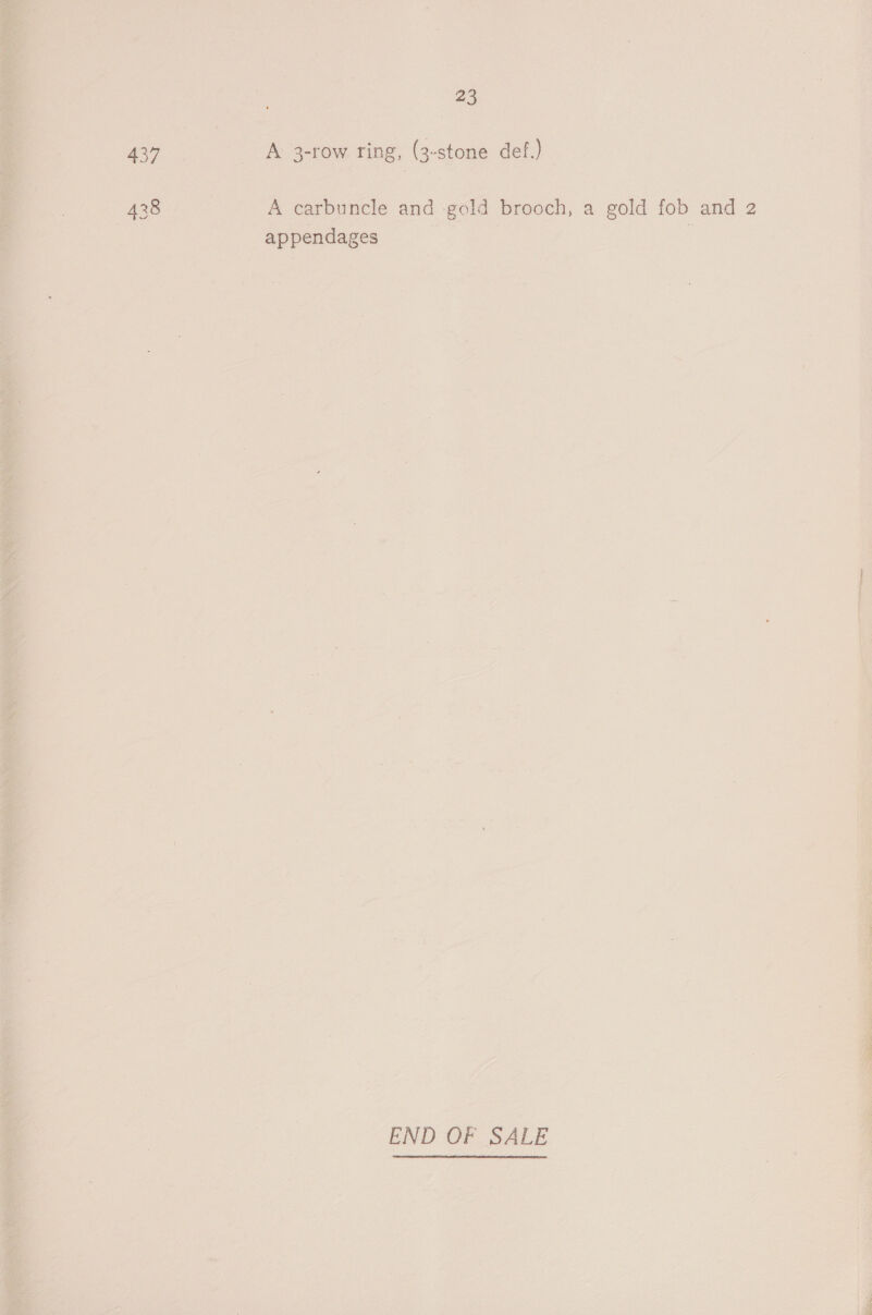 437. ~~~ A 3-row ring, (3-stone def.) _ Ae | _ A carbuncle and -gold brooch, a gold fob and 2 appendages 4 : :  : a a ‘he ag { “a i f ‘ x ny Pi =) °)  END OF SALE — 