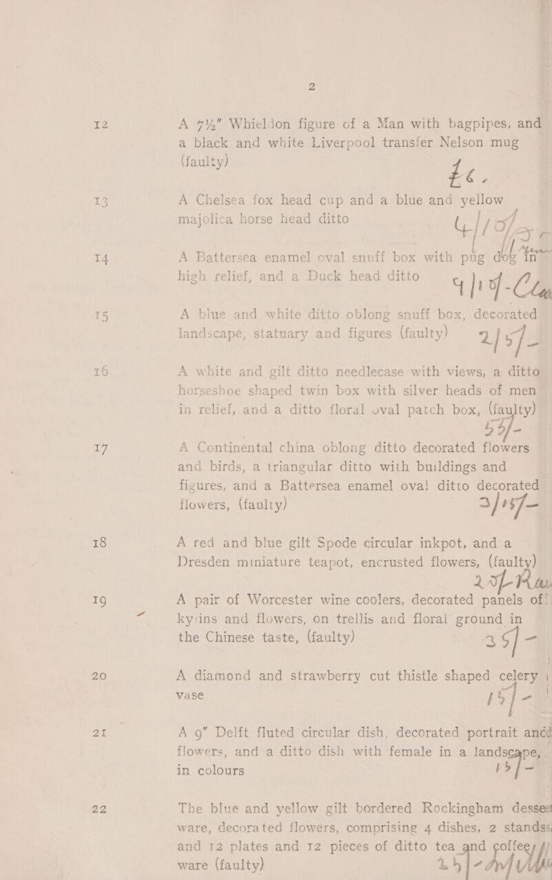 I2 14 16 17 18 19 20 21 22 2 A 7% Whieldon figure of a Man with bagpipes, and a black and white Liverpool transfer Nelson mug (faulty) £6. A Chelsea fox head cup and a blue and yellow majolica horse head ditto } A . A Battersea enamel oval snuff box with pug d ein high relief, and a Duck head ditto Y |: of ts A blue and white ditto oblong snuff box, decorated landscape, statuary and figures (faulty) 2] 5/ A white and gilt ditto needlecase with views, a ditto horseshoe shaped twin box with silver heads of men in relief, and a ditto floral vuval patch box, (faulty) | 2 of- A Continental china oblong ditto decorated flowers and birds, a triangular ditto with buildings and figures, and a Battersea enamel ova! ditto decorated flowers, (faulty) 3]3 s7— A red and blue gilt Spode circular inkpot, and a Dresden miniature teapot, encrusted flowers, (faulty) 2a Raw A pair of Worcester wine coolers, decorated panels of: kyiins and flowers, on trellis and floral’ ground in the Chinese taste, (faulty) ry 5] - A diamond and strawberry cut thistle shaped celery Vase . 13 - | A 9” Delft fluted circular dish, decorated portrait andd flowers, and a ditto dish with female in a landscape, .. in colours Se The blue and yellow gilt bordered Rockingham dessee ware, decorated flowers, comprising 4 dishes, 2 standss and 12 plates and 12 pieces of ditto tea and coffe ware (faulty) cs 5] Ak