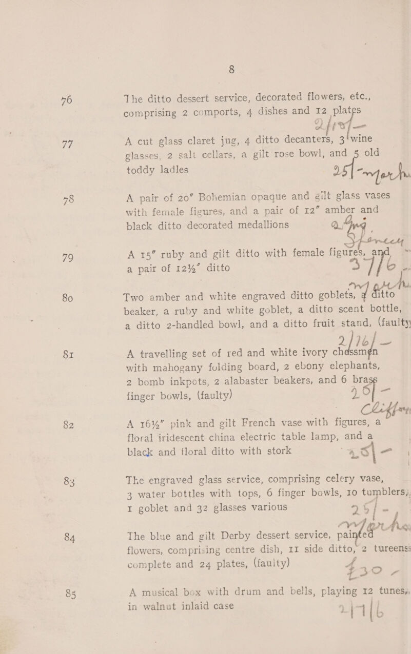 76 77 78 a9 80 8I 82 84 8 The ditto dessert service, decorated flowers, etc., comprising 2 comports, 4 dishes and 12 plates Q fie _ A cut glass claret jug, 4 ditto decanters, 3‘ wine glasses, 2 salt cellars, a gilt rose bowl, and 5 old toddy ladles 25] “ov A pair of 20” Bohemian opaque and gilt glass vases with female figures, and a pair of 12” amber and black ditto decorated medallions 0 4ng A 15” ruby and giit ditto with female figures, a - a pair of 12%” ditto a il a Two amber and white engraved ditto goblets, itto beaker, a ruby and white goblet, a ditto scent bottle, a ditto 2-handled bowl, and a ditto fruit stand, (faulty 2/le}— A travelling set of red and white ivory chéssm¢gn with mahogany fulding board, 2 ebony elephants, 2 bomb inkpots, 2 alabaster beakers, and 6 bra finger bowls, (faulty) 1, OPS Fes A 16%” pink and gilt French vase with figures, a floral iridescent china electric table lamp, and a black and floral ditto with stork 13| = The engraved glass service, comprising celery vase, 3 water bottles with tops, 6 finger bowls, 10 tumblers, 1 goblet and 32 glasses various + t | . oye) Py i ; The blue and gilt Derby dessert service, pai of = flowers, comprising centre dish, 11 side ditto, 2 tureens: complete and 24 plates, (faulty) f | $30 - A musical box with drum and bells, playing 12 tunes,, in walnut inlaid case ni dae 1 LAL