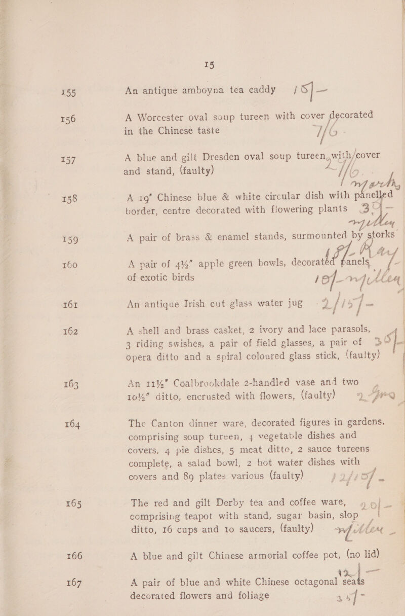 155 156 157 158 159 160 61 {62 163  15 An antigue amboyna tea caddy | S]— A Worcester oval soup tureen with cover decorated A blue and gilt Dresden oval soup tureen.with/cover and stand, (faulty) ~ fhlo LW LY A ig’ Chinese blue &amp; white circular dish with panelled border, centre decorated with flowering plants 3 O _ Mae's we ad A pair of brass &amp; enamel stands, surmounted by / psy iy q. A pair of 4%” apple green bowls, PT feat anels gy: |  ss yy, | of exotic birds 12 j-- 14 heeg | ‘ { Al ; A An antique Irish cut glass water jug Lf / &gt;| me | A shell and brass casket, 2 ivory and lace parasols, “. 3 riding swishes, a pair of field glasses, a pair of 35]. opera ditto and a spiral coloured glass stick, (faulty) : An 11%” Coalbrookdale 2-handled vase and two | 10% ditto, encrusted with flowers, (faulty) % Tia . a The Canton dinner ware, decorated figures in gardens, comprising soup tureen, 4 vegetable dishes and covers, 4 pie dishes, 5 meat ditto, 2 sauce tureens complete, a salad bowl, 2 hot water dishes with covers and 89 plates various (faulty) — (;07 . The red and gilt Derby tea and coffee ware, «» rol - comprising teapot with stand, sugar basin, slop | ditto, 16 cups and 1o saucers, (faulty) nf tr y A blue and gilt Chinese armorial coffee pot, (no lid) Pn atl 12. A pair of blue and white Chinese octagonal seats decorated flowers and foliage ‘- gO