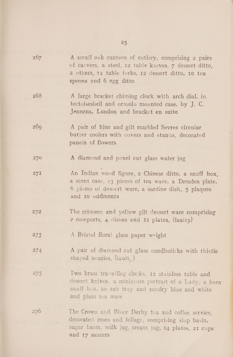 267 268 269 270 271 2492 273 276 rs A small oak canteen of cutlery, comprising 2 pairs of carvers, a steel, 12 table knives, 7 dessert ditto, 2 others, T2 table forks, 12 dessert ditto, Io tea spoons and 6 egg ditto A large bracket chiming clock with arch dial, in tortoiseshell and ormolu mounted case, by J. C. Jennéns, London and bracket en suite A pair of blue and gilt marbled Sevres circular butter coolers with covers and stands, decorated panels of flowers A diamond and panel cut glass water jug An Indian wood figure, 2 Chinese ditto, a snuff box, 6 pieces of dessert ware, a sardine dish, 5 plaques and 10 oddments The crimson and yellow gilt dessert ware comprising 2 comports, 4 dishes and 11 plates, (faulty) A Bristol floral glass paper weight A pair of diamond cut glass candlesticks with thistle shaped nozzles, (fault, ) Two brass travelling clocks, 12 stainless table and snuff box, an ash tray and sundry blue and white and plain tea ware The Crown and Bloor Derby tea and coffee service, decorated roses and foliage, comprising slop basin, sugar basin, milk jug, cream jug, 14 plates, 21 cups and 17 saucers ee