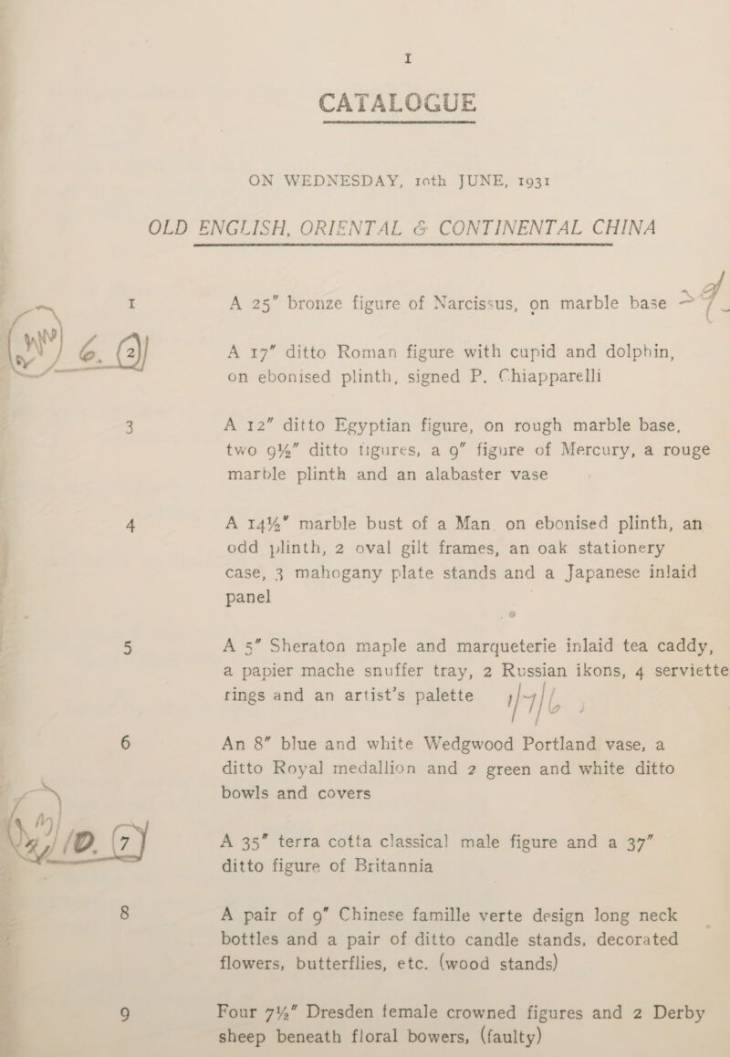 I CATALOGUE ON WEDNESDAY, 1roth JUNE, 1931 OLD ENGLISH, ORIENTAL &amp; CONTINENTAL CHINA  ~~ ~ I A 25 bronze figure of Narcissus, on marble base FT (ow 6. A 17” ditto Roman figure with cupid and dolphin, _— on ebonised plinth, signed P. Chiapparelli 3 A 12” ditto Egyptian figure, on rough marble base, two 9%” ditto tigures, a 9” figure of Mercury, a rouge marble plinth and an alabaster vase 4 A 14%” marble bust of a Man, on ebonised plinth, an ‘ odd plinth, 2 oval gilt frames, an oak stationery j case, 3 mahogany plate stands and a Japanese inlaid | panel | | 5 A 5” Sheraton maple and marqueterie inlaid tea caddy, a papier mache snuffer tray, 2 Russian ikons, 4 serviette rings and an artist’s palette 7] i743 6 An 8” blue and white Wedgwood Portland vase, a ditto Royal medallion and 2 green and white ditto bowls and covers A 35” terra cotta classical male figure and a 37” ditto figure of Britannia  ) 8 A pair of 9” Chinese famille verte design long neck 7 bottles and a pair of ditto candle stands, decorated flowers, butterflies, etc. (wood stands) sheep beneath floral bowers, (faulty)