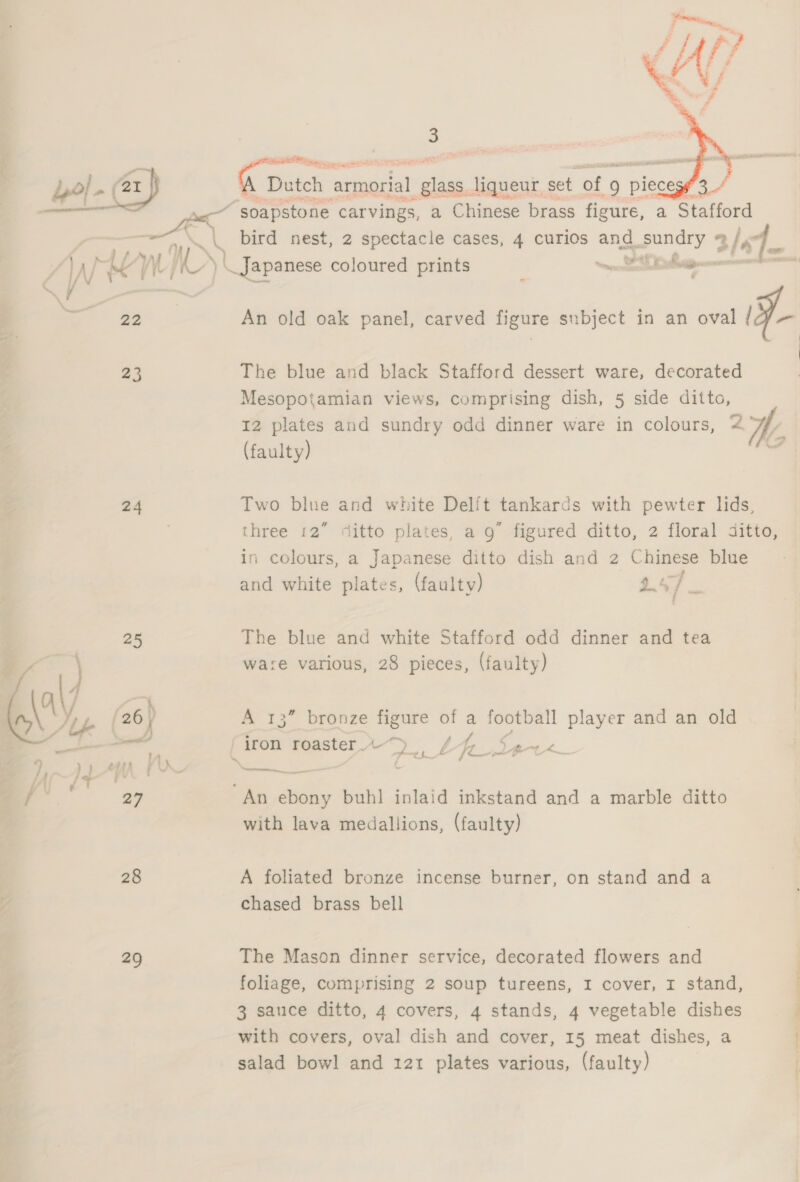 24  3 bird nest, 2 spectacle cases, 4 curios and ore 2/ by = ) | Japanese coloured prints we An old oak panel, carved figure subject in an oval oo The blue and black Stafford dessert ware, decorated Mesopotamian views, comprising dish, 5 side ditto, 12 plates and sundry odd dinner ware in colours, 2 (faulty) Two blue and white Delft tankards with pewter lids, three 12” ditto plates, a 9° figured ditto, 2 floral ditto, in colours, a Japanese ditto dish and 2 Chinese blue and white plates, (faulty) 2.57 The blue and white Stafford odd dinner and tea ware various, 28 pieces, (faulty) A 13” bronze more Z a football player and an old iron roaster. i t, lA K. eee. — An A buh] inlaid inkstand and a marble ditto with lava medallions, (faulty) A foliated bronze incense burner, on stand and a chased brass bell The Mason dinner service, decorated flowers and foliage, comprising 2 soup tureens, I cover, I stand, 3 sauce ditto, 4 covers, 4 stands, 4 vegetable dishes with covers, oval dish and cover, 15 meat dishes, a salad bowl and 121 plates various, (faulty) owe ey oh.
