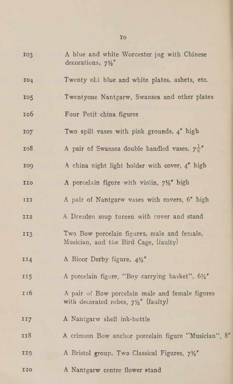 103 119 IZo Io A blue and white Worcester jug with Chinese Twentyone Nantgarw, Swansea and other plates Four Petit china figures Two spill vases with pink grounds, 4” high A pair of Swansea double handled vases, 7+” A china night light holder with cover, 4” high A porcelain figure with violin, 7%” high A pair of Nantgarw vases with covers, 6” high A Dresden soup tureen with cover and stand Two Bow porcelain figures, male and female, Musician, and the Bird Cage, (faulty) A Bloor Derby figure, 4%” A porcelain figure, ‘Boy carrying basket’’, 6%” A pair of Bow porcelain male and female figures with decorated robes, 7%” (faulty) A Nantgarw shell ink-bottle A Bristol group, Two Classical Figures, 7%” A Nantgarw centre flower stand 