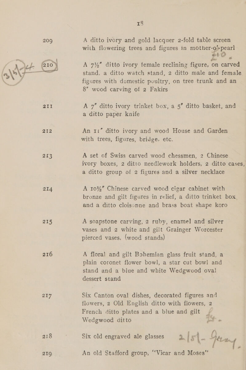 209 2ilI 212 213 214 216 217 218 219 8 A ditto ivory and gold lacquer 2-fold table screen with flowering trees and figures in mother-o’pearl rE @ s A 7%” ditto ivory temale reclining figure, on carved stand, a ditto watch stand, 2 ditto male and female figures with domestic poultry, on tree trunk and an 8” wood carving of 2 Fakirs A 7” ditto ivory trinket box, a 5 ditto basket, and a ditto paper knife An 11” ditto ivory and wood House and Garden with trees, figures, bridge. etc. A set of Swiss carved wood chessmen, 2 Chinese ivory boxes, 2 ditto needlework holders, 2 ditto cases, a ditto group of 2 figures and a silver necklace A 10% Chinese carved wood cigar cabinet with bronze and gilt figures in relief, a ditto trinket box. and a ditto cloisonne and brass boat shape koro A soapstone carving, 2 ruby, enamel and silver vases and 2 white and gilt Grainger Worcester pierced vases, (wood stands) A floral and gilt Bohemian glass fruit stand, a plain coronet flower bowl, a star cut bowl and stand and a blue and white Wedgwood oval! dessert stand Six Canton oval dishes, decorated figures and flowers, 2 Old English ditto with flowers, 2 French ditto plates and a blue and gilt + Wedgwood ditto pte Six old engraved ale glasses a4 ‘2 An old Stafford group, ‘‘Vicar and Moses”
